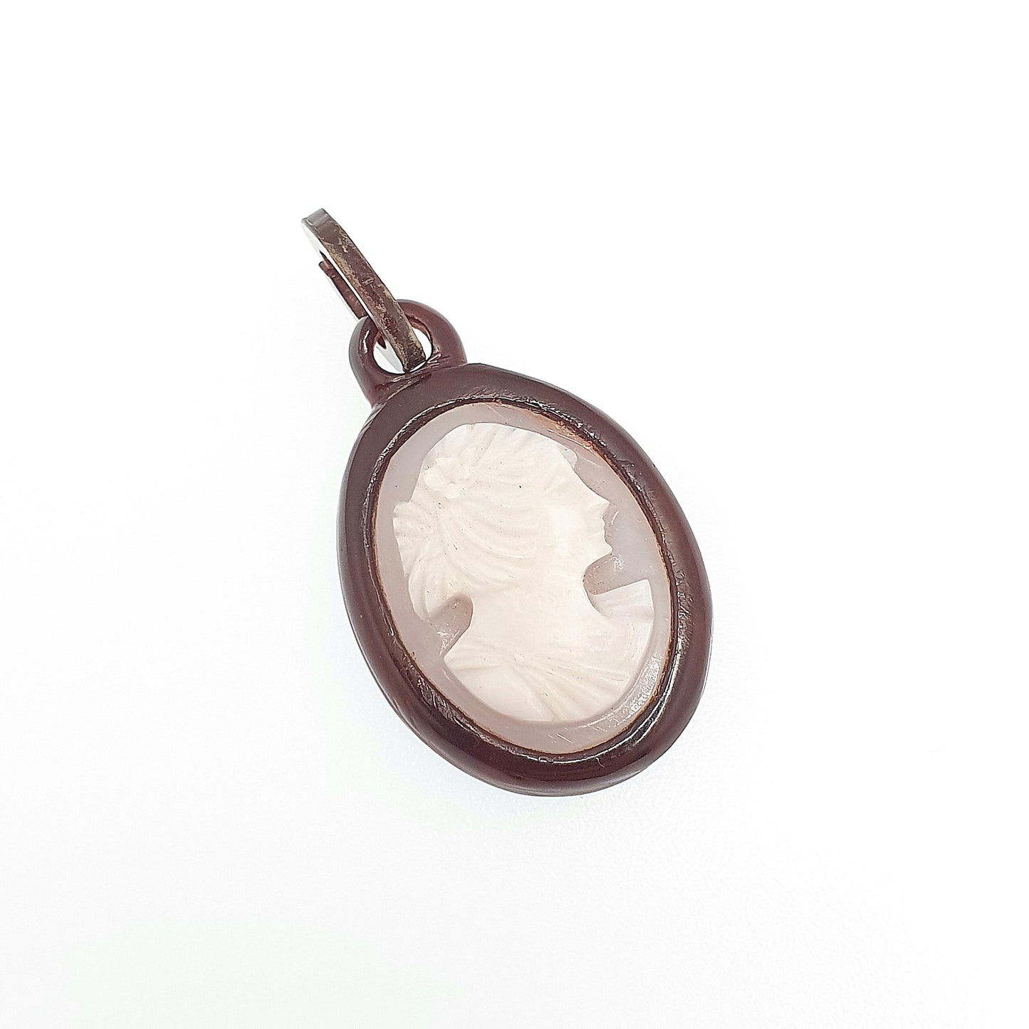 Antique Cameo Necklace Pendant Faux Tortoise Shell Early Plastic Hand Carved Handmade Italian Vintage Womens Jewelry Jewellery