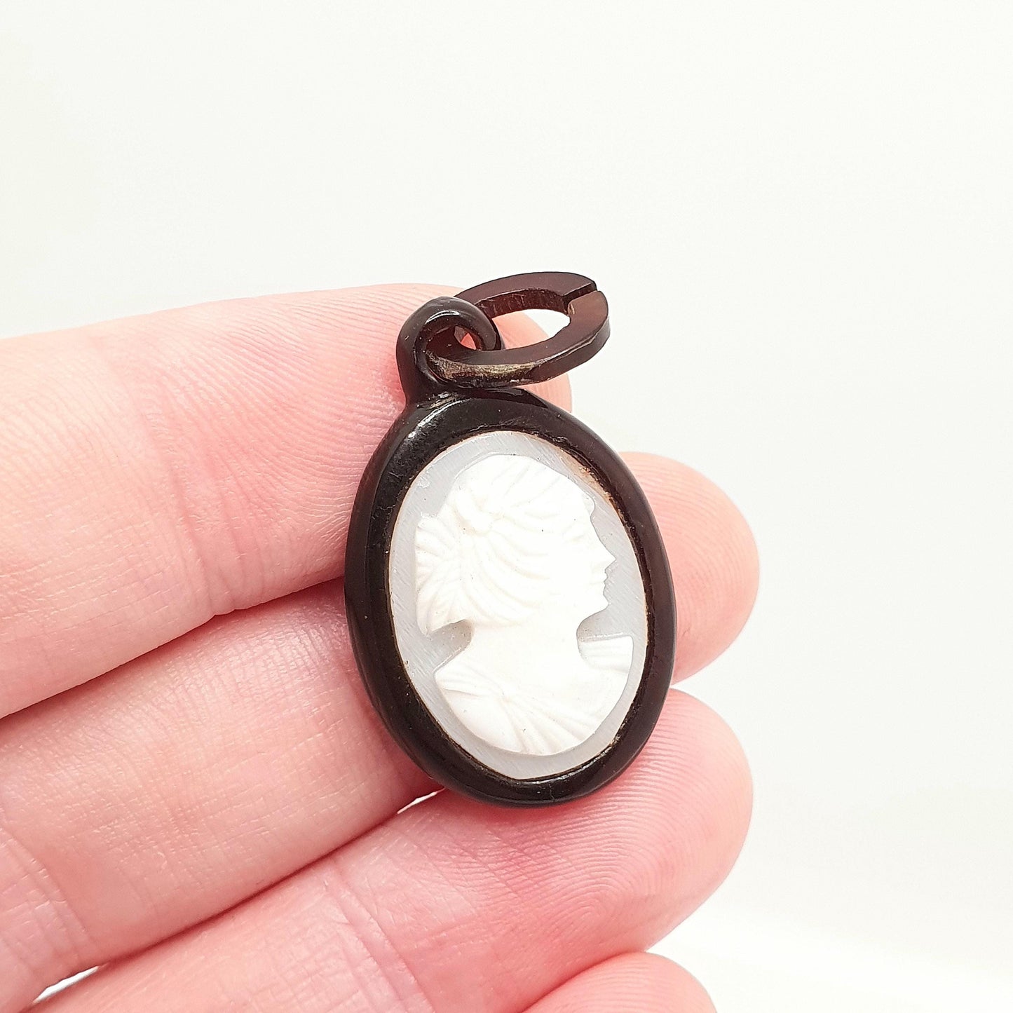Antique Cameo Necklace Pendant Faux Tortoise Shell Early Plastic Hand Carved Handmade Italian Vintage Womens Jewelry Jewellery