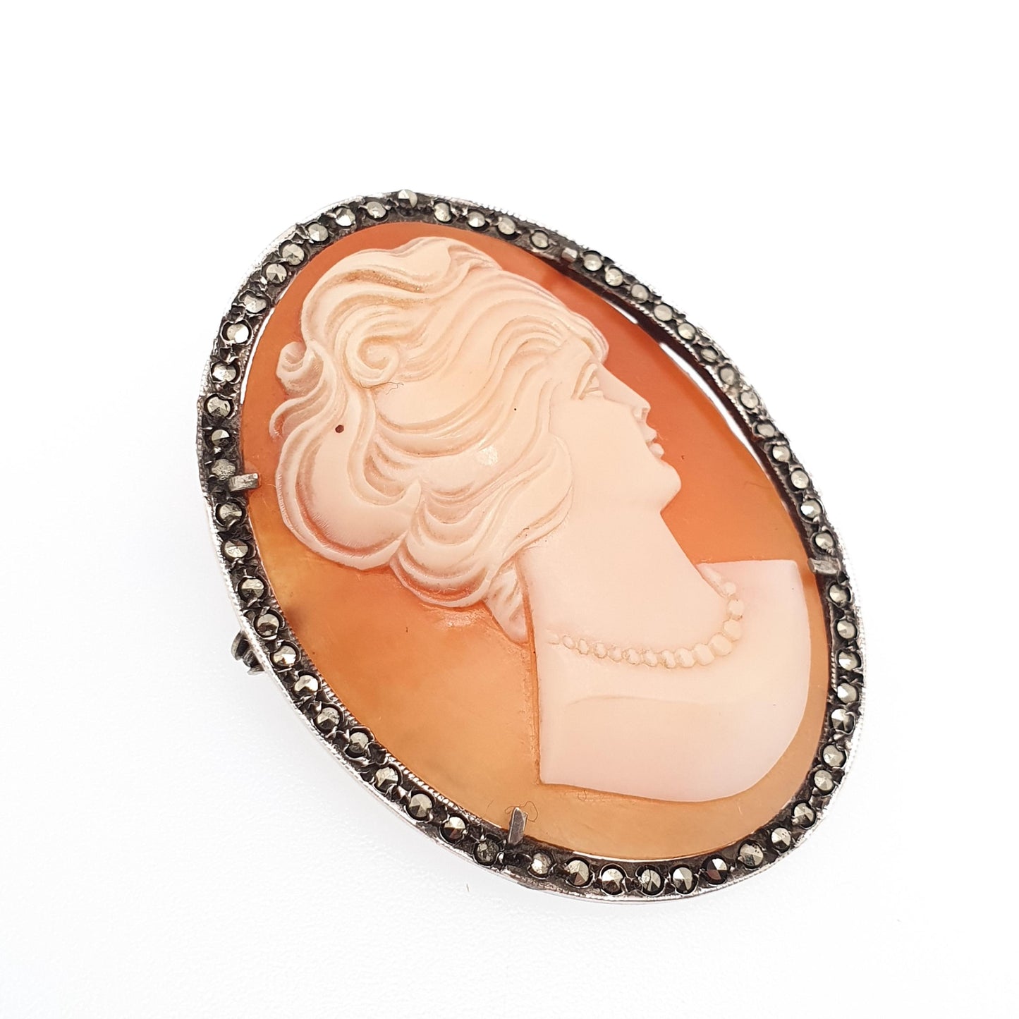 Antique Solid Silver Cameo Pendant Brooch Large Big Pearl Necklace Genuine Shell Fine Carved Marcasite Art Deco Vintage Jewelry Jewellery