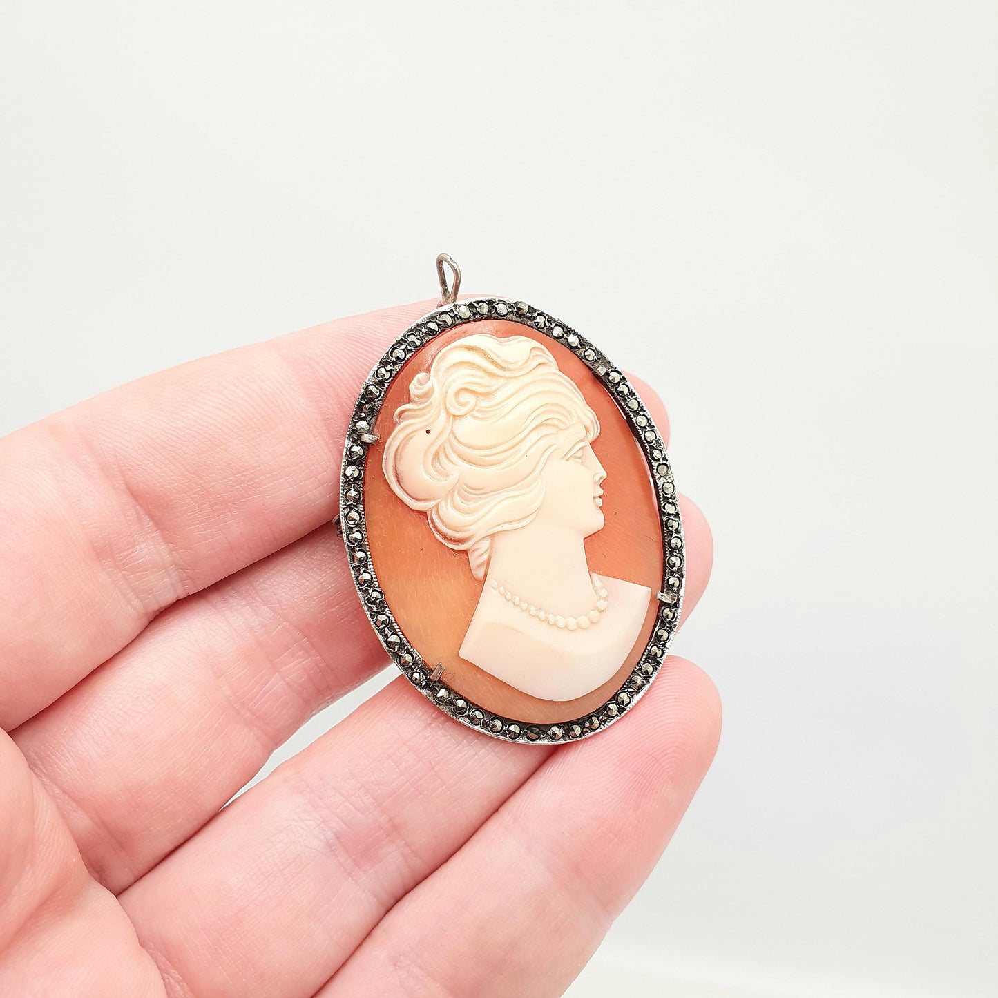 Antique Solid Silver Cameo Pendant Brooch Large Big Pearl Necklace Genuine Shell Fine Carved Marcasite Art Deco Vintage Jewelry Jewellery
