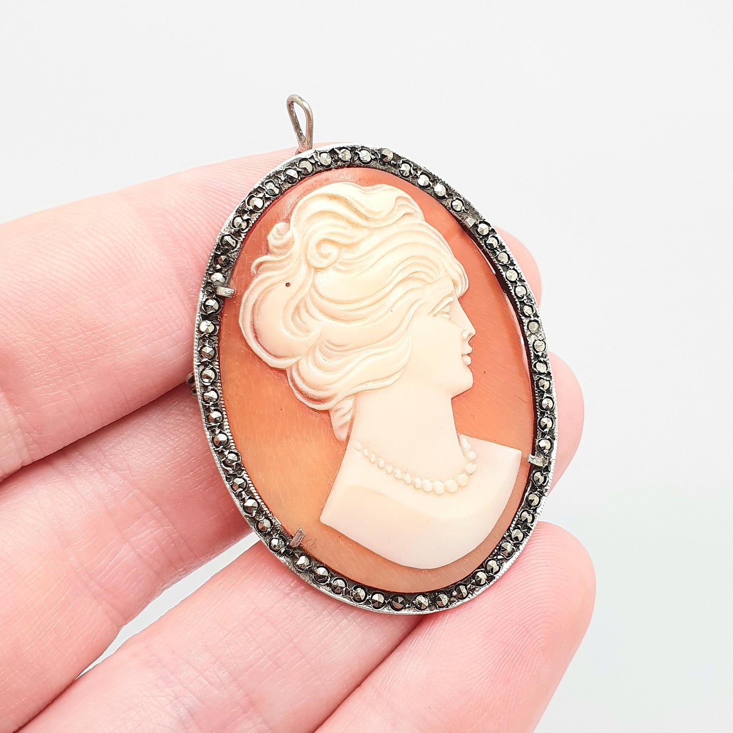Antique Solid Silver Cameo Pendant Brooch Large Big Pearl Necklace Genuine Shell Fine Carved Marcasite Art Deco Vintage Jewelry Jewellery