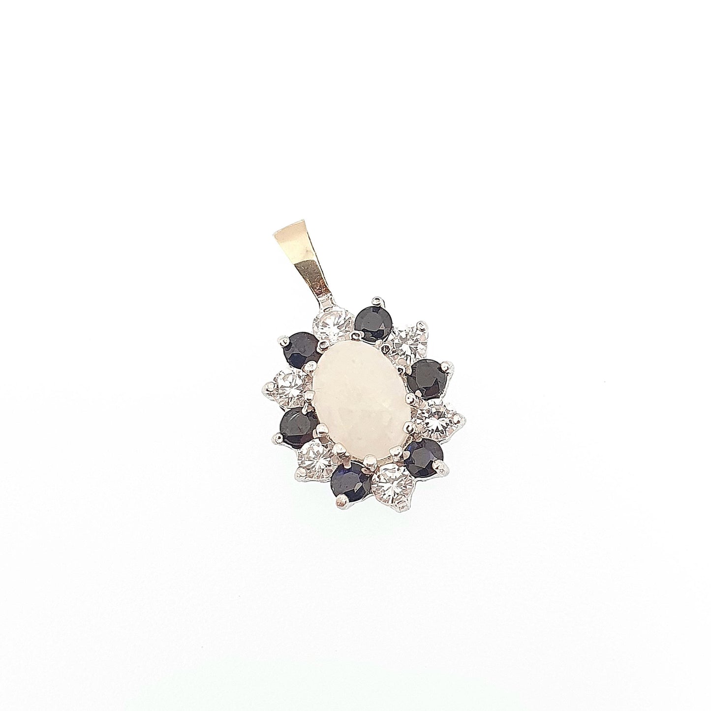 Vintage 9k 9ct Gold Opal Sapphire Cluster Pendant Solid 375 9 Carat Retro White Necklace Sparkly Womens Cute Ladies Jewelry Jewellery