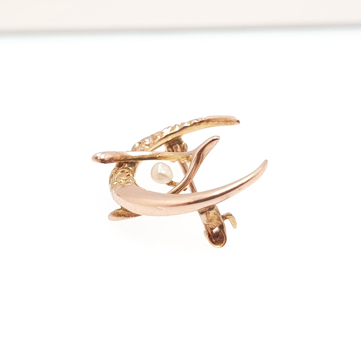 Antique 10k Gold Crescent Moon & Wishbone Brooch Seed Pearl Pin Solid 417 Victorian Celestial Lucky Good Luck Womens Jewelry Jewellery