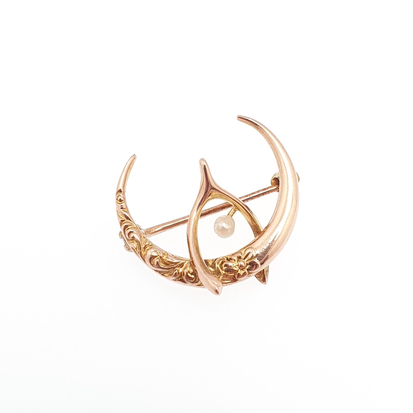 Antique 10k Gold Crescent Moon & Wishbone Brooch Seed Pearl Pin Solid 417 Victorian Celestial Lucky Good Luck Womens Jewelry Jewellery