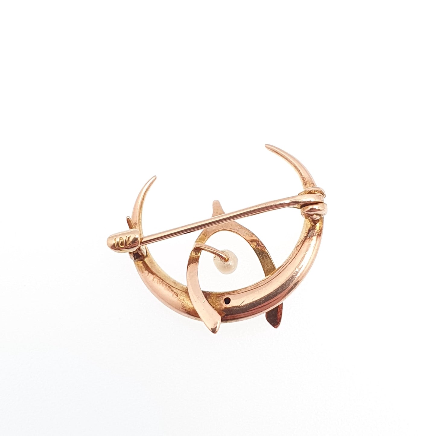 Antique 10k Gold Crescent Moon & Wishbone Brooch Seed Pearl Pin Solid 417 Victorian Celestial Lucky Good Luck Womens Jewelry Jewellery