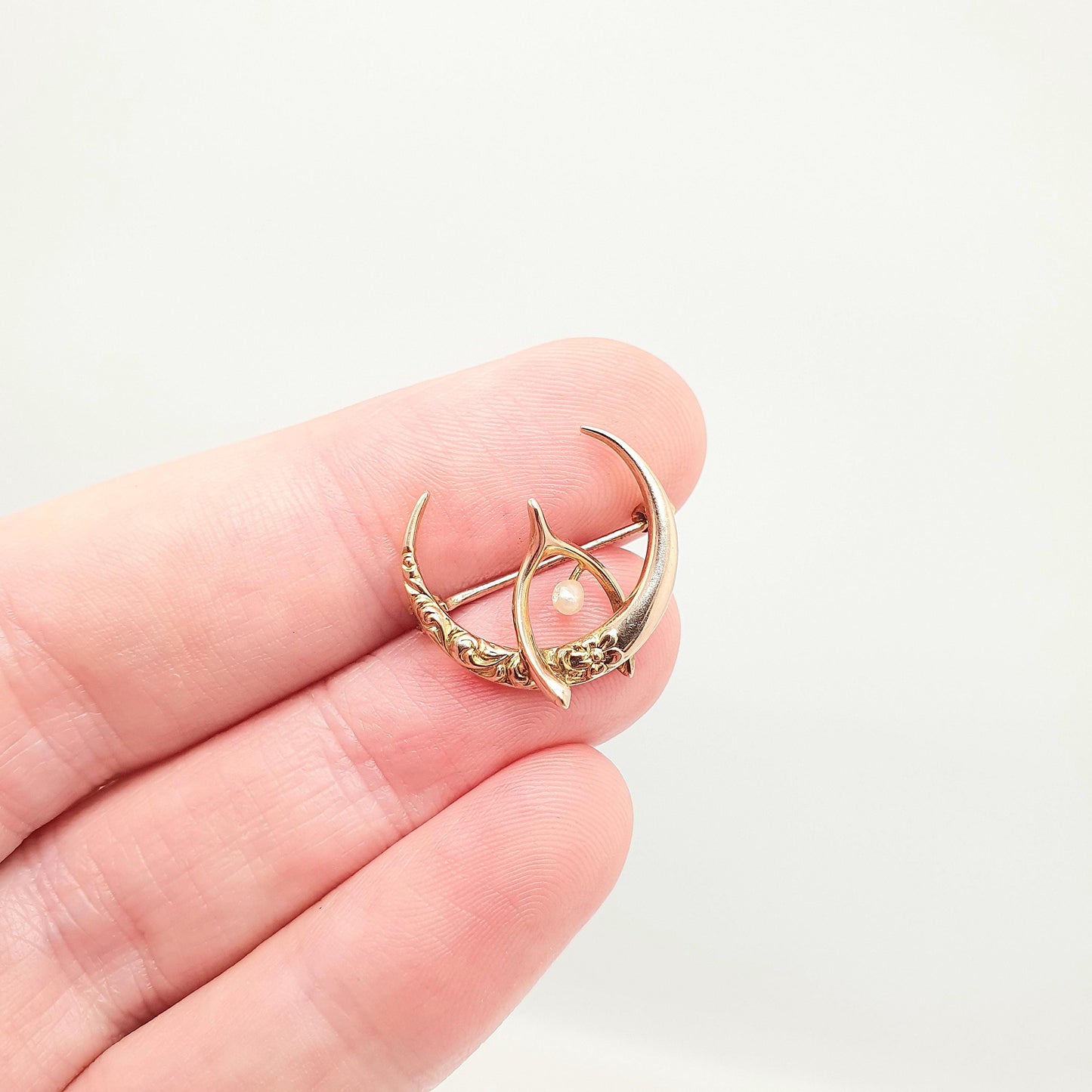Antique 10k Gold Crescent Moon & Wishbone Brooch Seed Pearl Pin Solid 417 Victorian Celestial Lucky Good Luck Womens Jewelry Jewellery