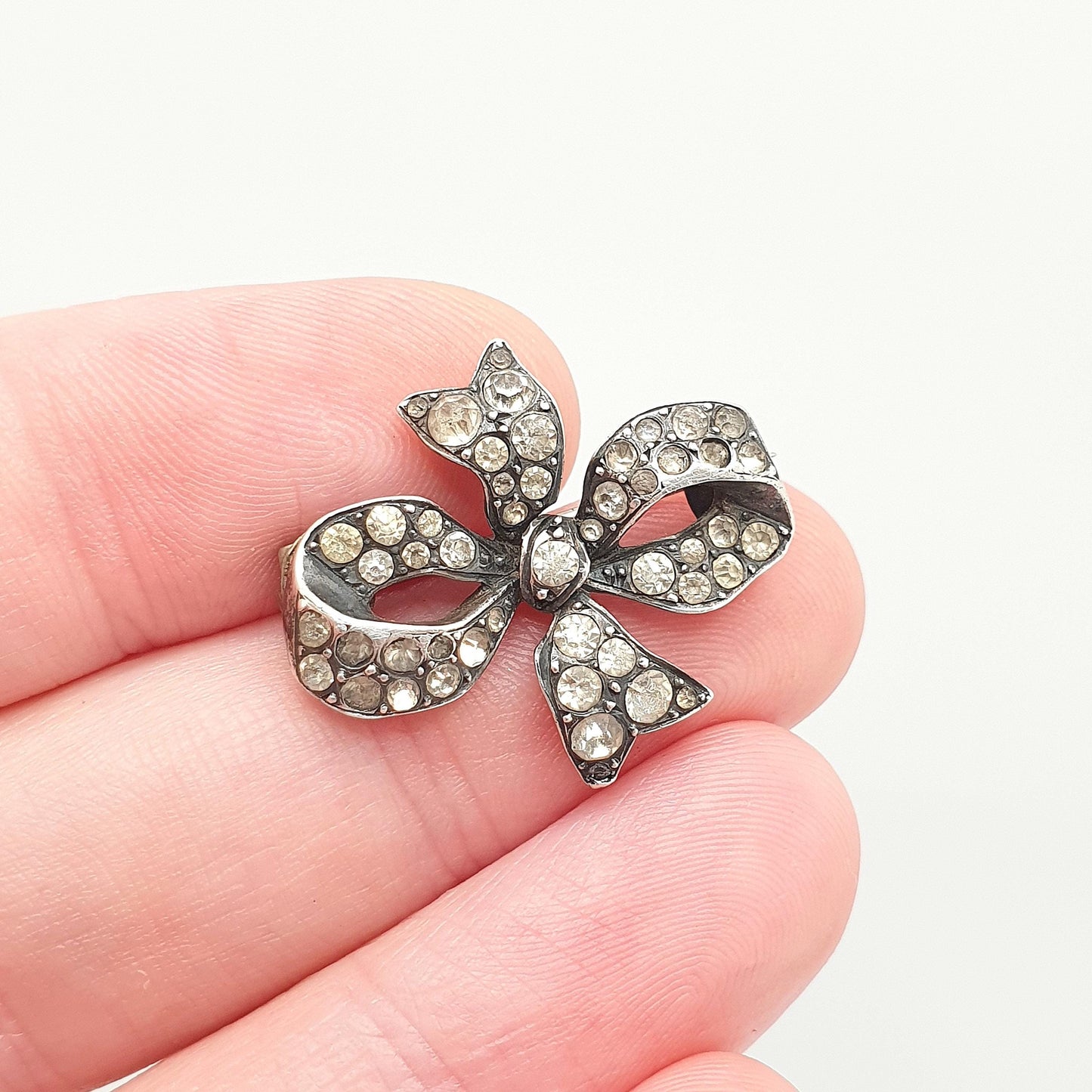 Antique Sterling Silver Diamond Paste Bow Brooch Pin Parisian Diamond Company Pastes Late 1800s Vintage Estate Womens Jewelry Jewellery