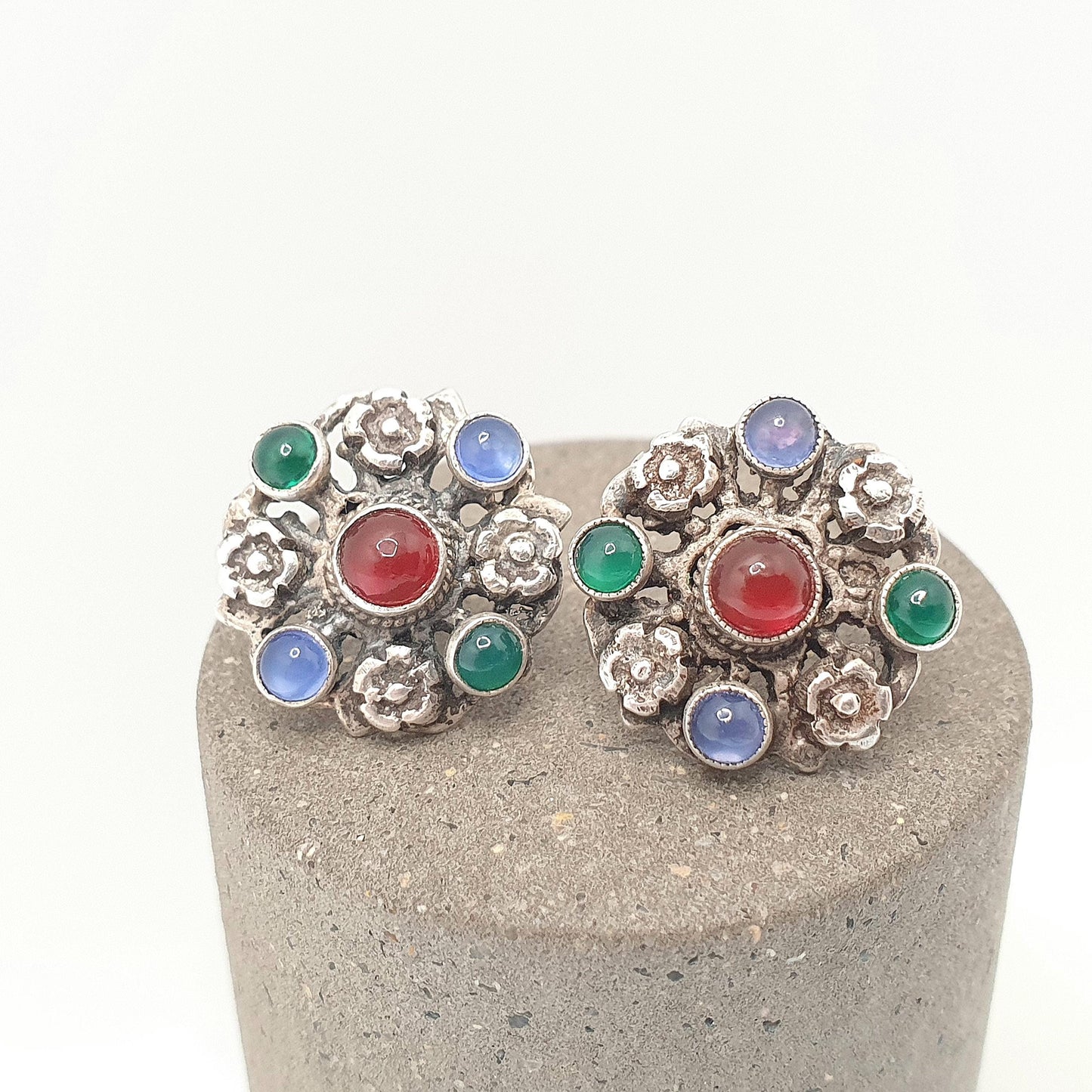 Antique Solid Silver Austro Hungarian Earrings Carnelian Chrysoprase Blue Chalcedony Stud Art Nouveau Vintage Womens Jewelry Jewellery