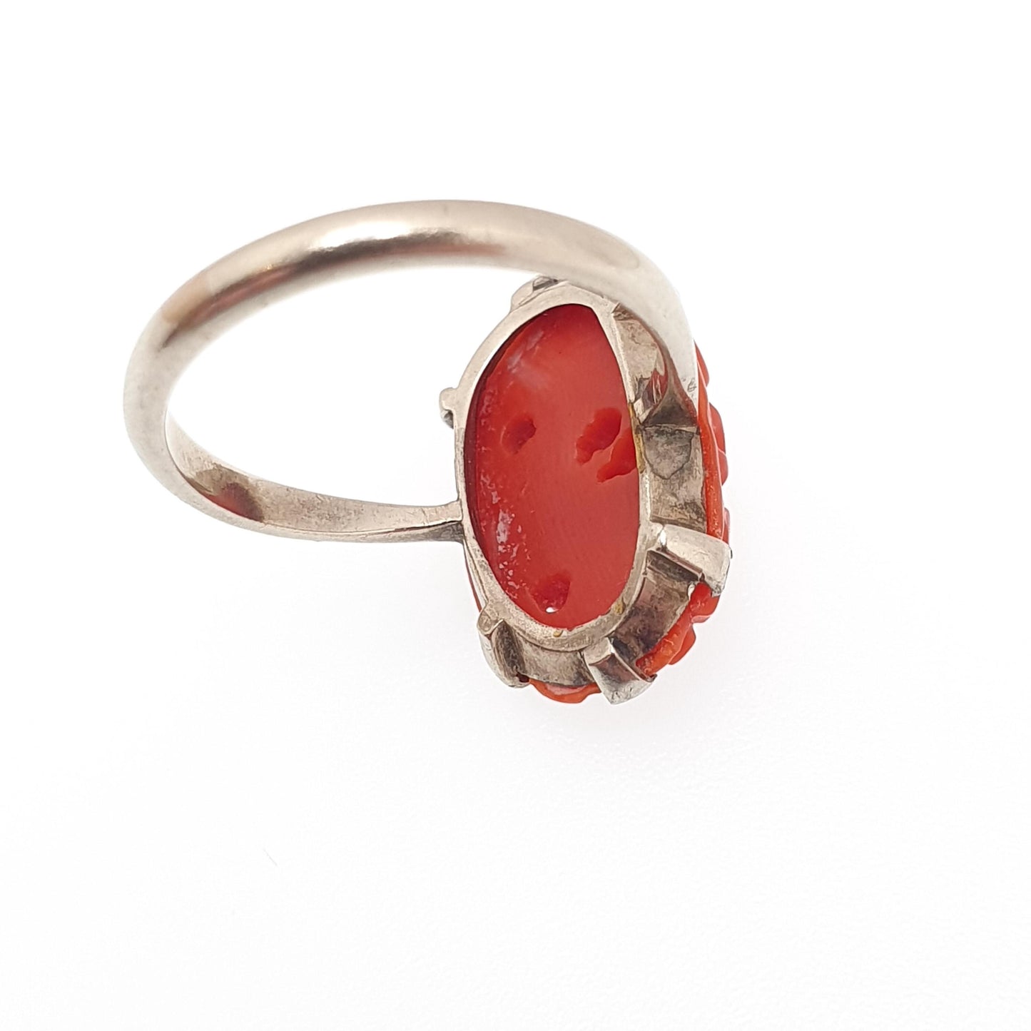 Antique 9ct 9k Gold Coral Ring Hand Carved Art Deco 1920s White Gold Unique Solid 375 Womens Genuine Natural Vintage Jewellery Jewelry