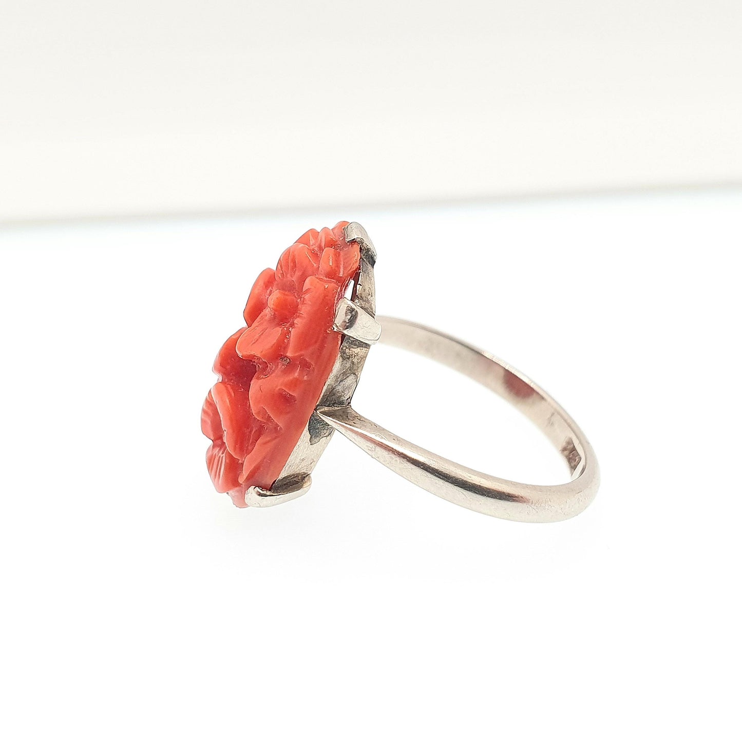 Antique 9ct 9k Gold Coral Ring Hand Carved Art Deco 1920s White Gold Unique Solid 375 Womens Genuine Natural Vintage Jewellery Jewelry