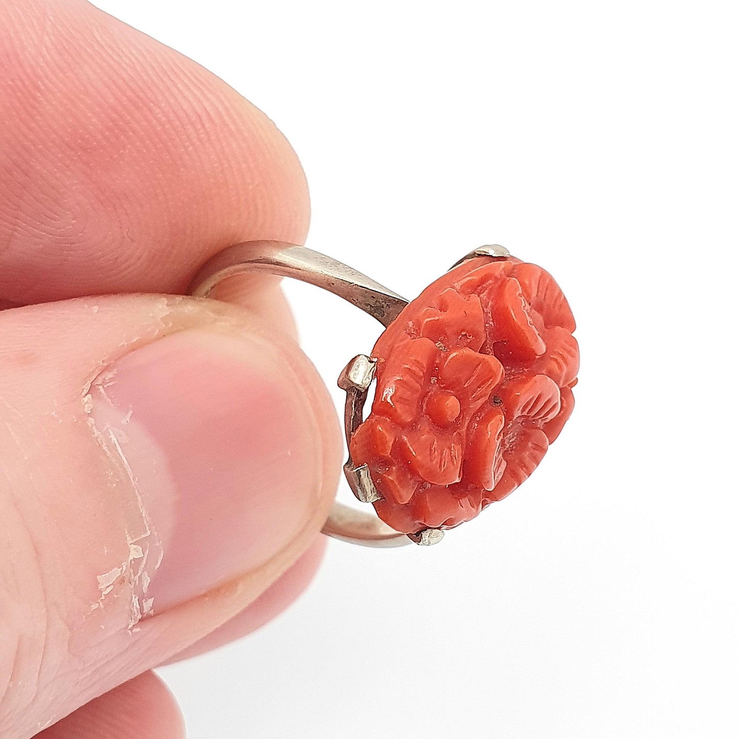 Antique 9ct 9k Gold Coral Ring Hand Carved Art Deco 1920s White Gold Unique Solid 375 Womens Genuine Natural Vintage Jewellery Jewelry