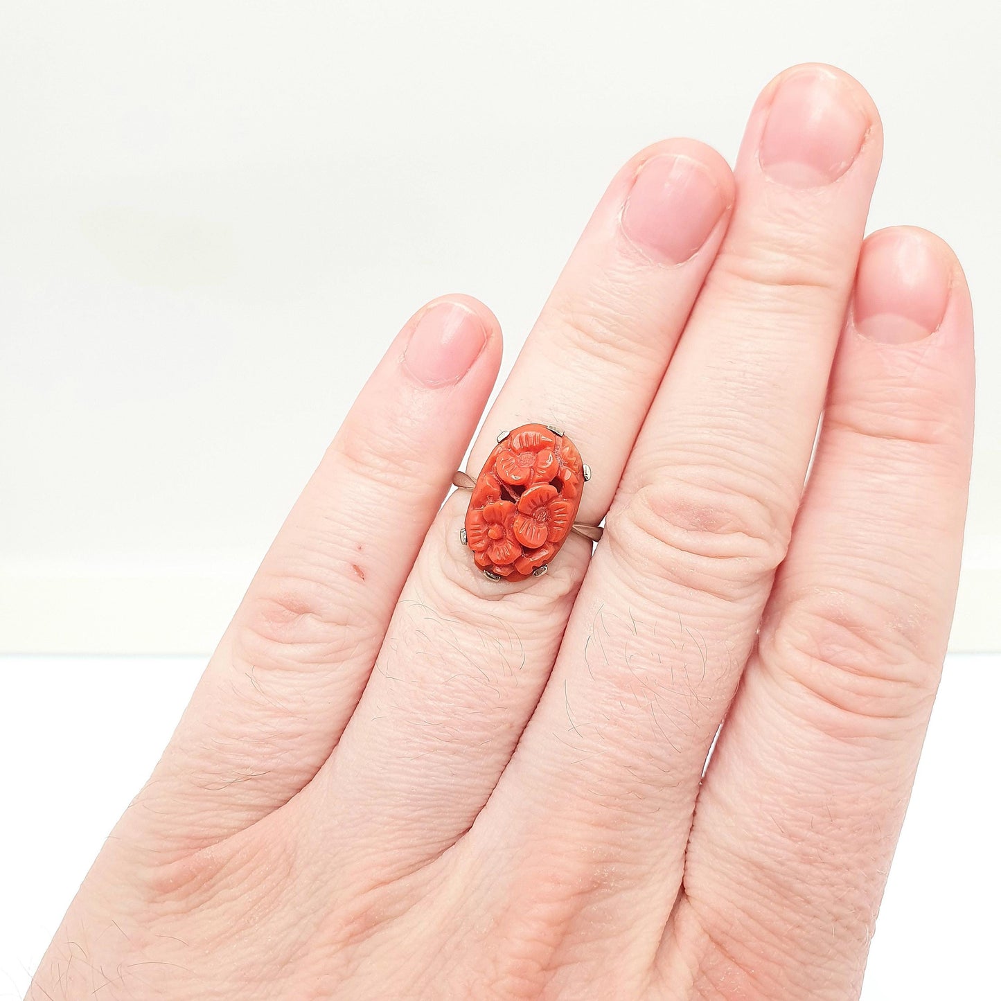 Antique 9ct 9k Gold Coral Ring Hand Carved Art Deco 1920s White Gold Unique Solid 375 Womens Genuine Natural Vintage Jewellery Jewelry
