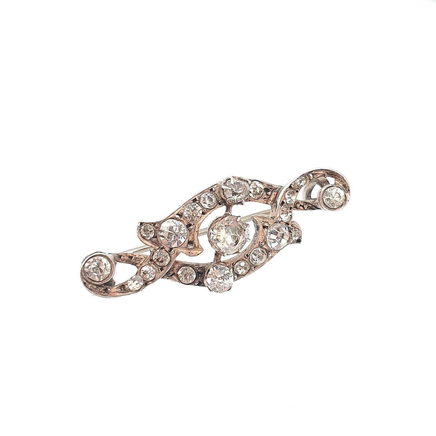 Antique Victorian Solid Silver Diamond Paste Brooch Pin Scroll Art Nouveau Ornate Late 1800s Sparkly Foiled Glass Cute Jewelry Jewellery