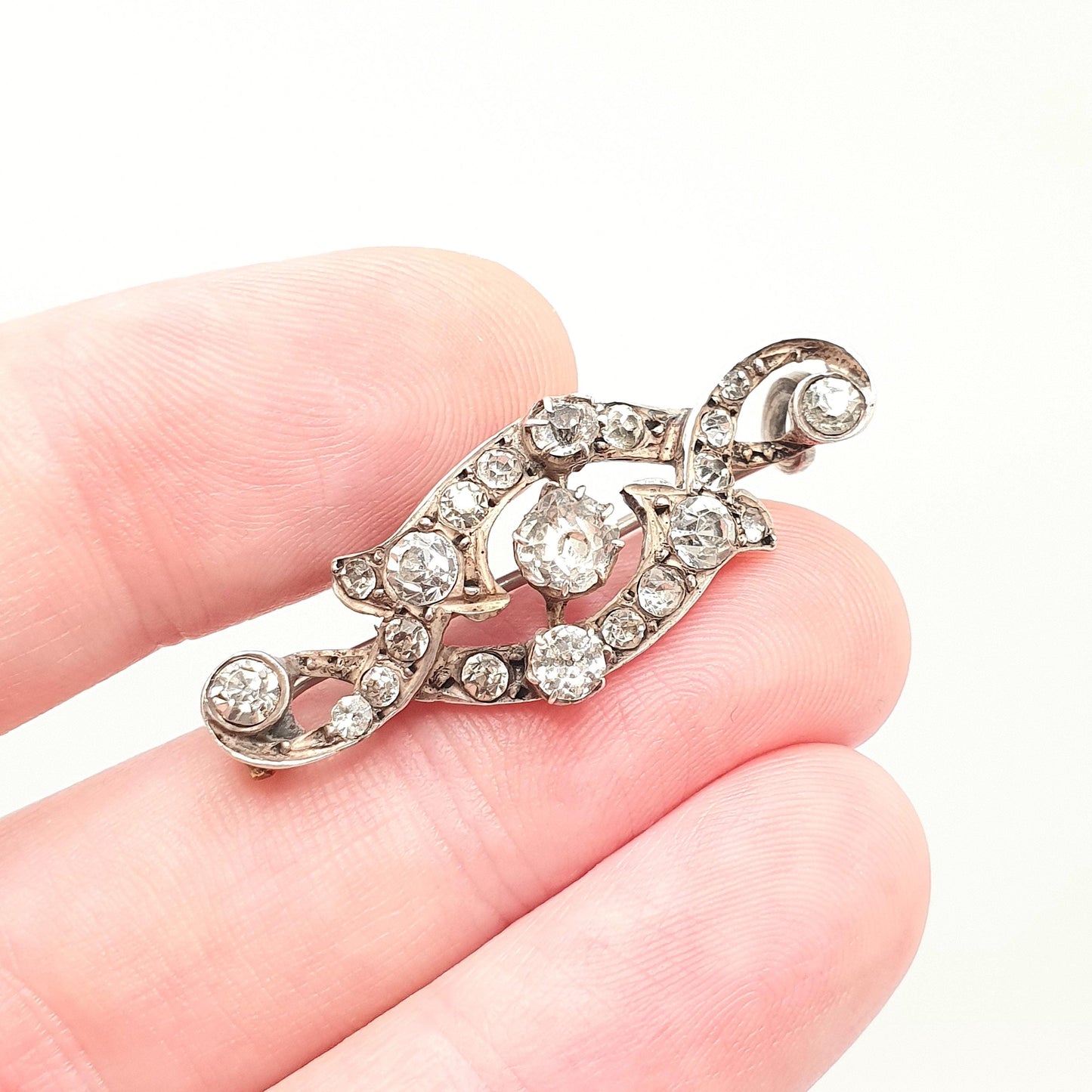 Antique Victorian Solid Silver Diamond Paste Brooch Pin Scroll Art Nouveau Ornate Late 1800s Sparkly Foiled Glass Cute Jewelry Jewellery