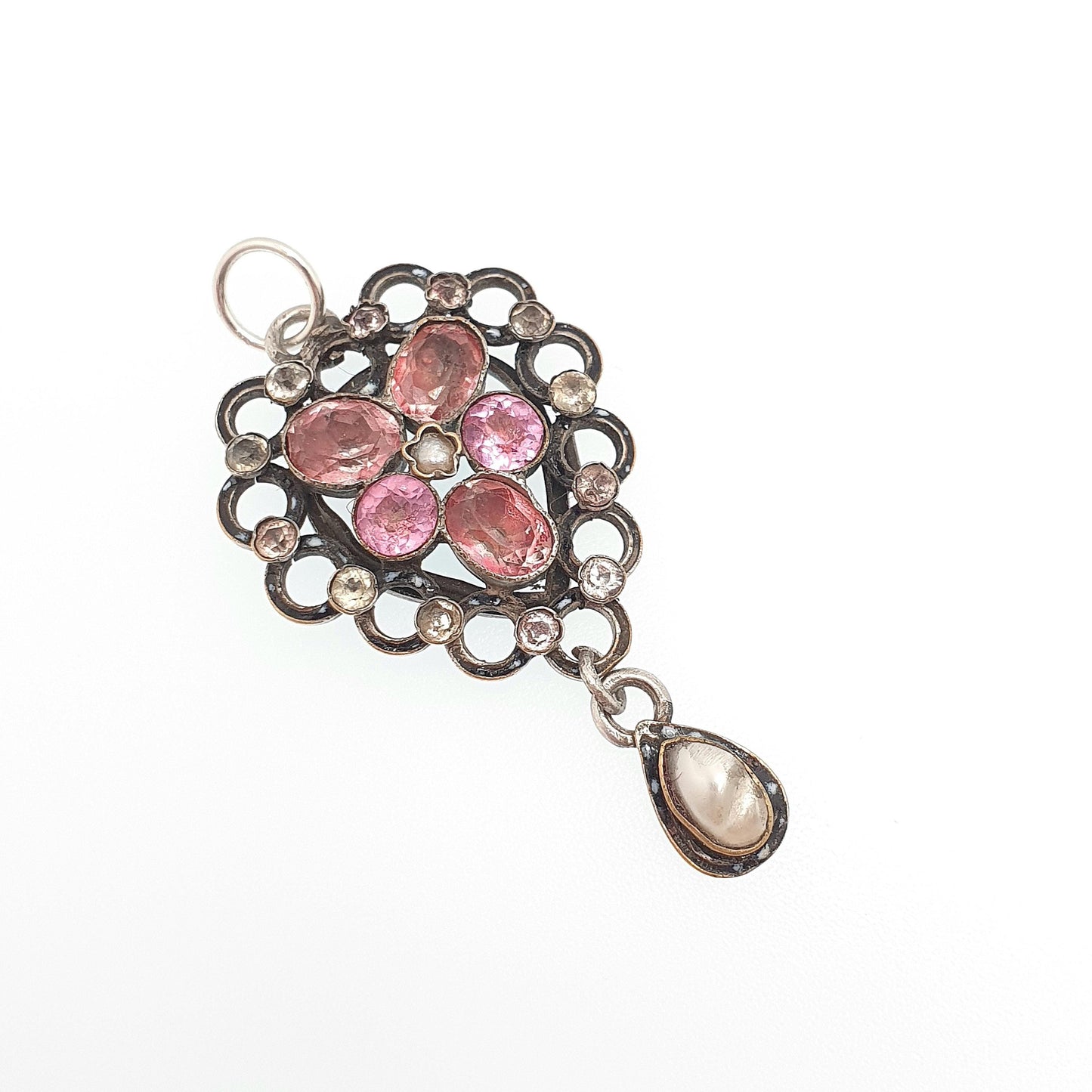 Antique Victorian Pink Paste Pendant Diamond Paste Necklace Silver Plate Mother of Pearl Hanging Openwork Vintage Womens Jewellery Jewelry