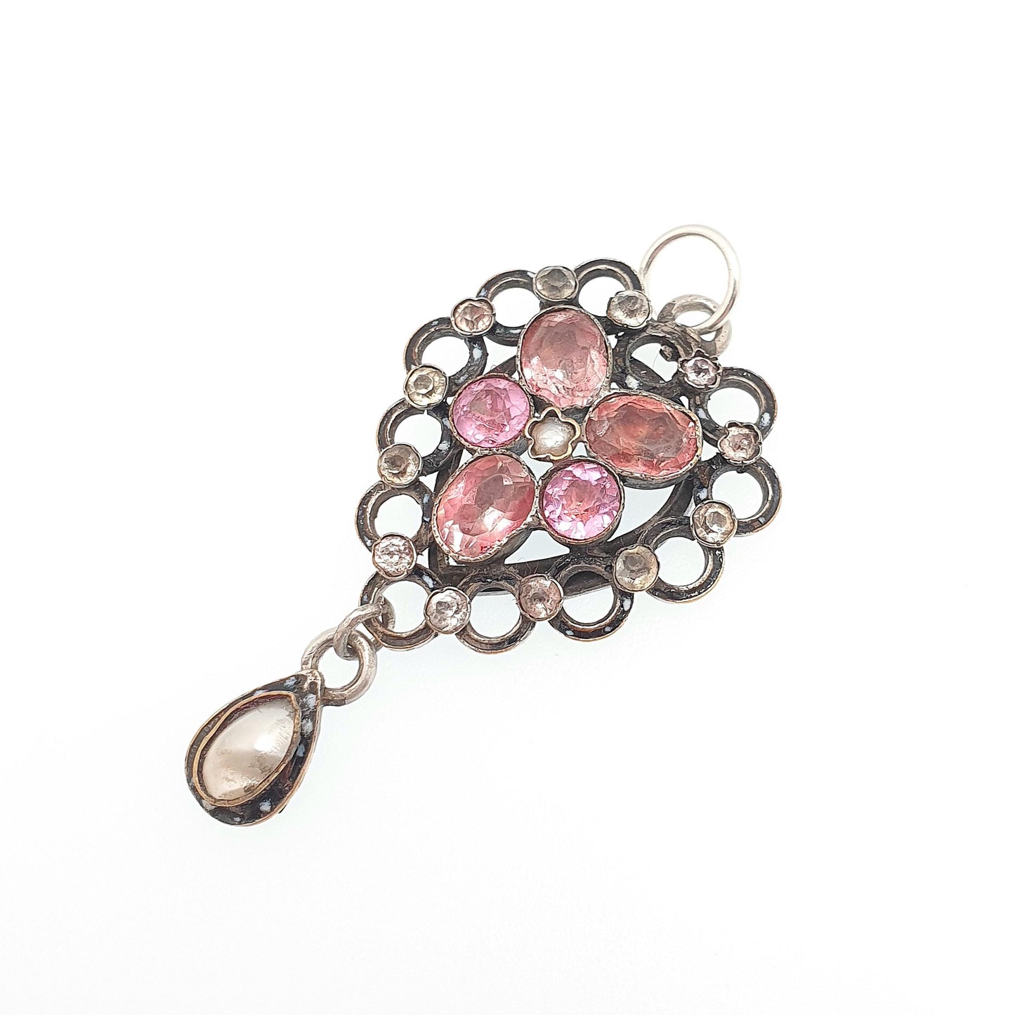 Antique Victorian Pink Paste Pendant Diamond Paste Necklace Silver Plate Mother of Pearl Hanging Openwork Vintage Womens Jewellery Jewelry