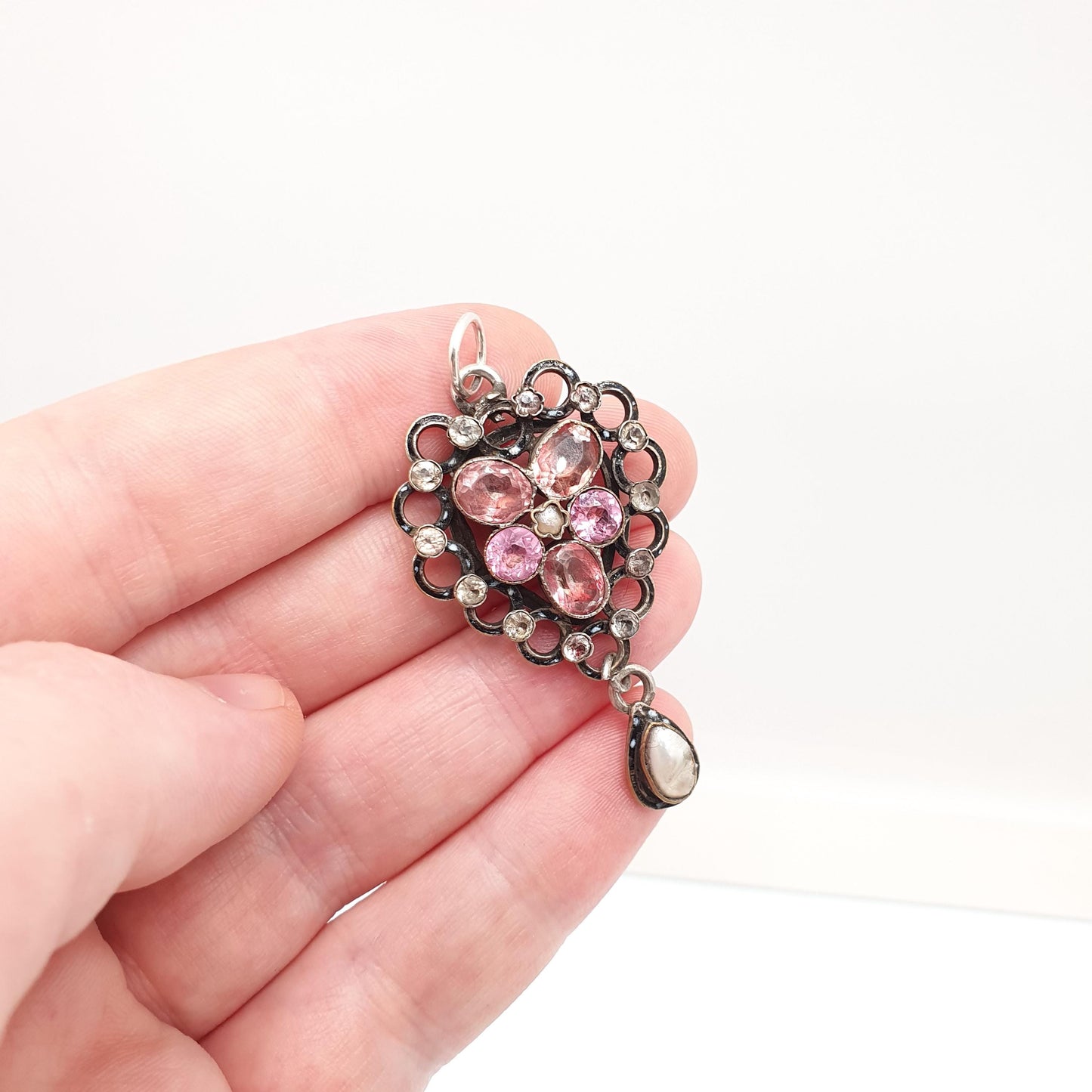 Antique Victorian Pink Paste Pendant Diamond Paste Necklace Silver Plate Mother of Pearl Hanging Openwork Vintage Womens Jewellery Jewelry