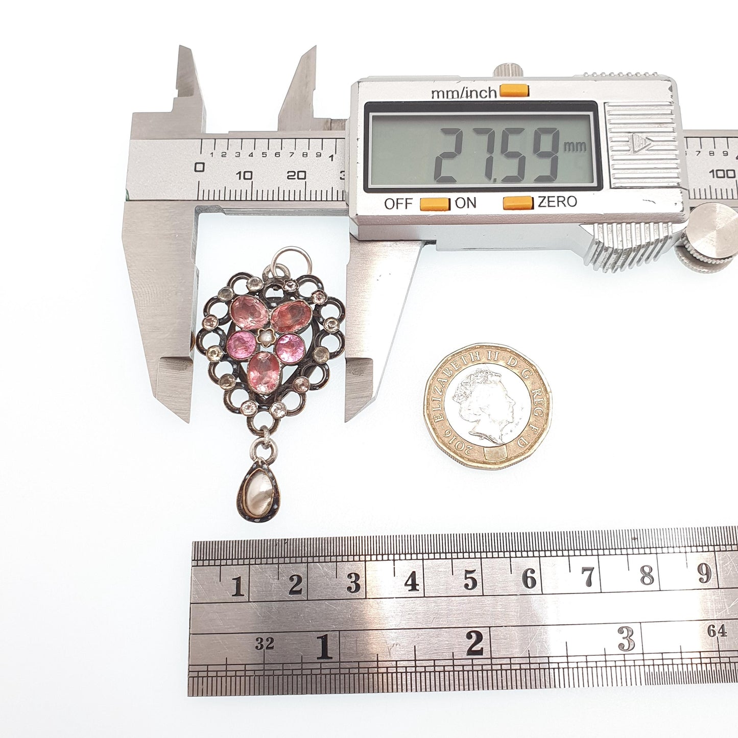 Antique Victorian Pink Paste Pendant Diamond Paste Necklace Silver Plate Mother of Pearl Hanging Openwork Vintage Womens Jewellery Jewelry