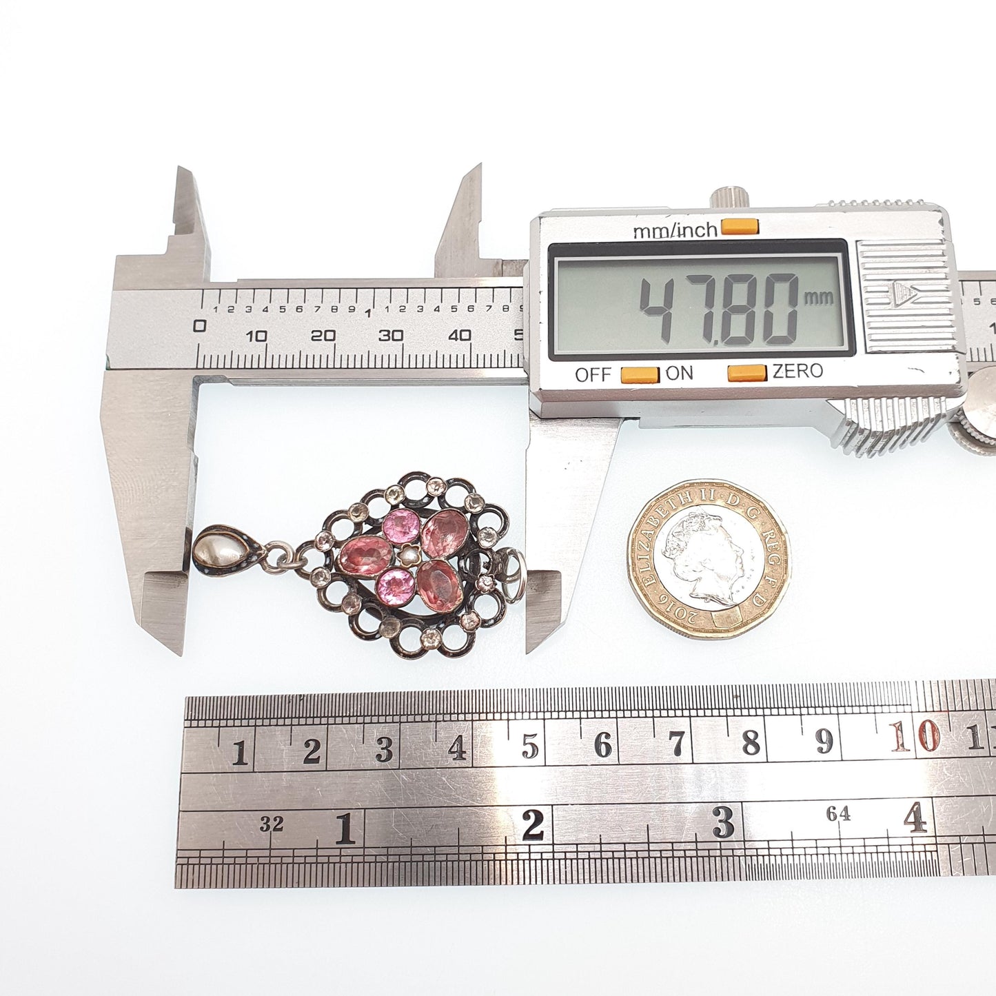 Antique Victorian Pink Paste Pendant Diamond Paste Necklace Silver Plate Mother of Pearl Hanging Openwork Vintage Womens Jewellery Jewelry