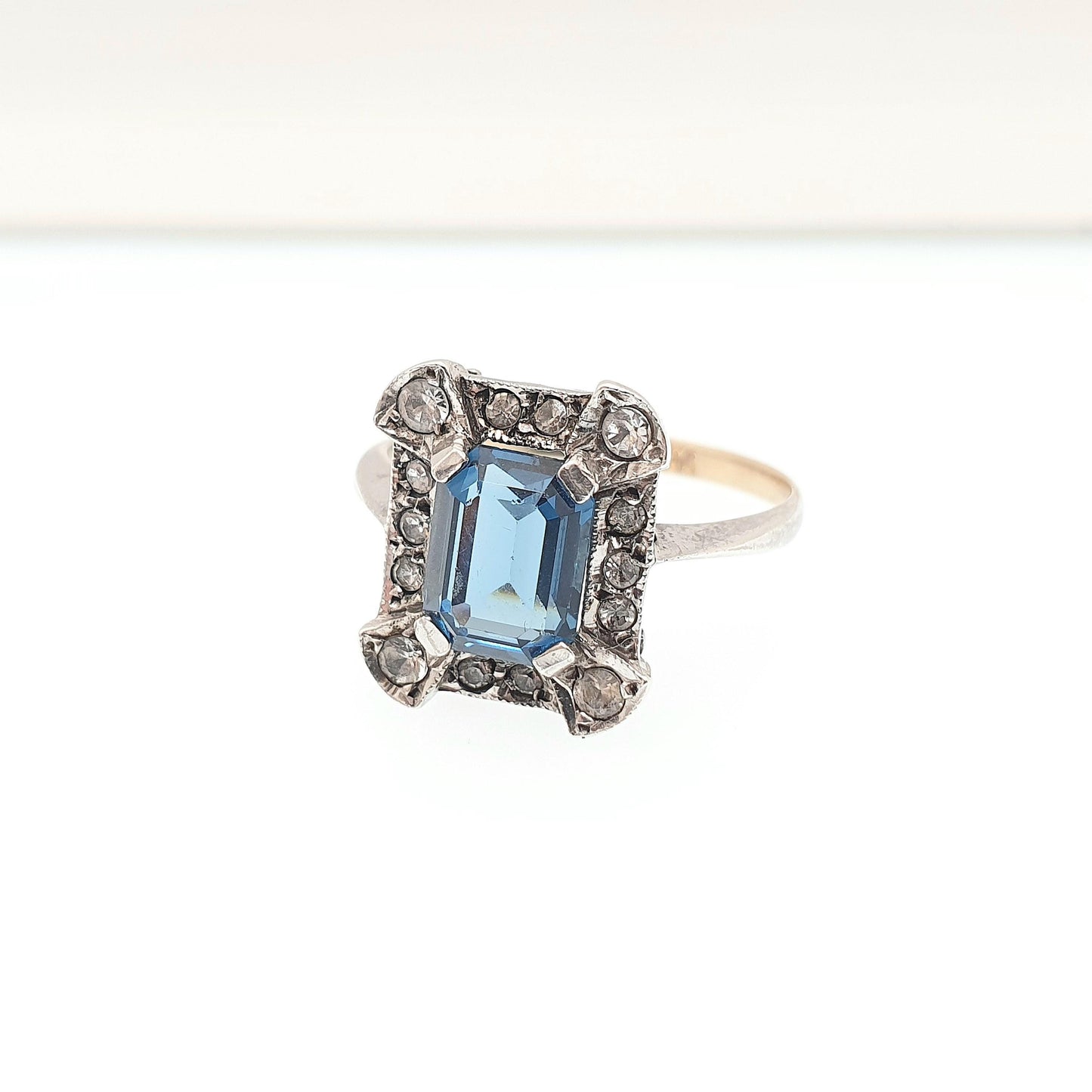 Antique 9ct 9kt Gold Sapphire Paste Ring White Spinel Gemstone Art Deco Cocktail Rectangular Cut Solid Silver Vintage Womens Jewelry