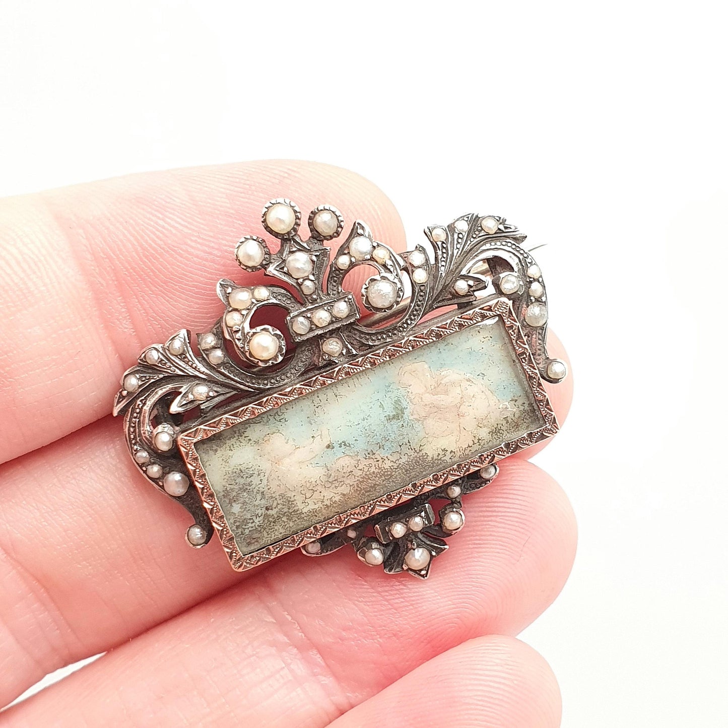 Antique Georgian Solid Silver Portrait Brooch Seed Pearl Cherub Hand Painted Pin Rococo Renaissance Revival Vintage Jewelry Jewellery