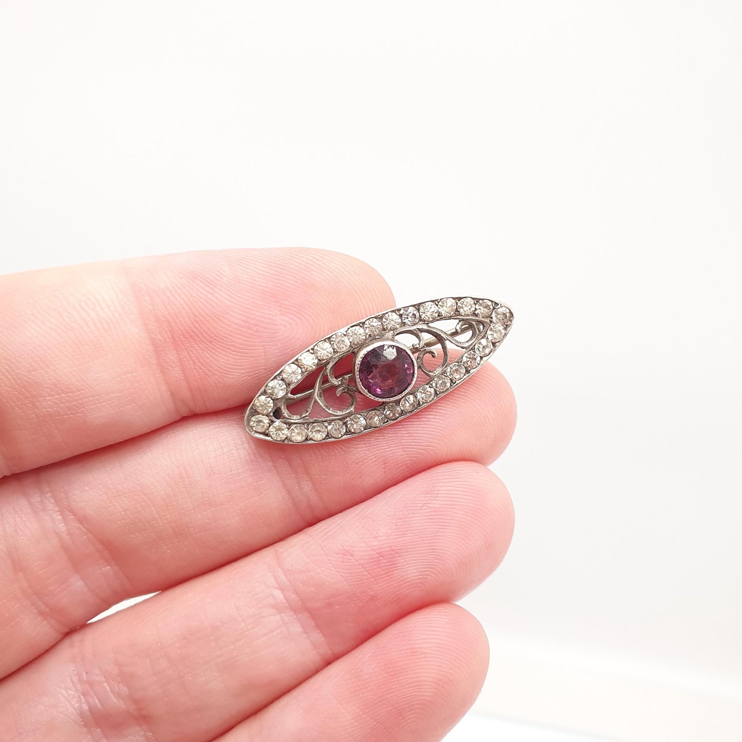Antique Solid Silver Amethyst Paste Brooch Victorian Diamond Pastes Cluster Ellipse Eye Shape 1800s Genuine Vintage Womens Jewelry Jewellery