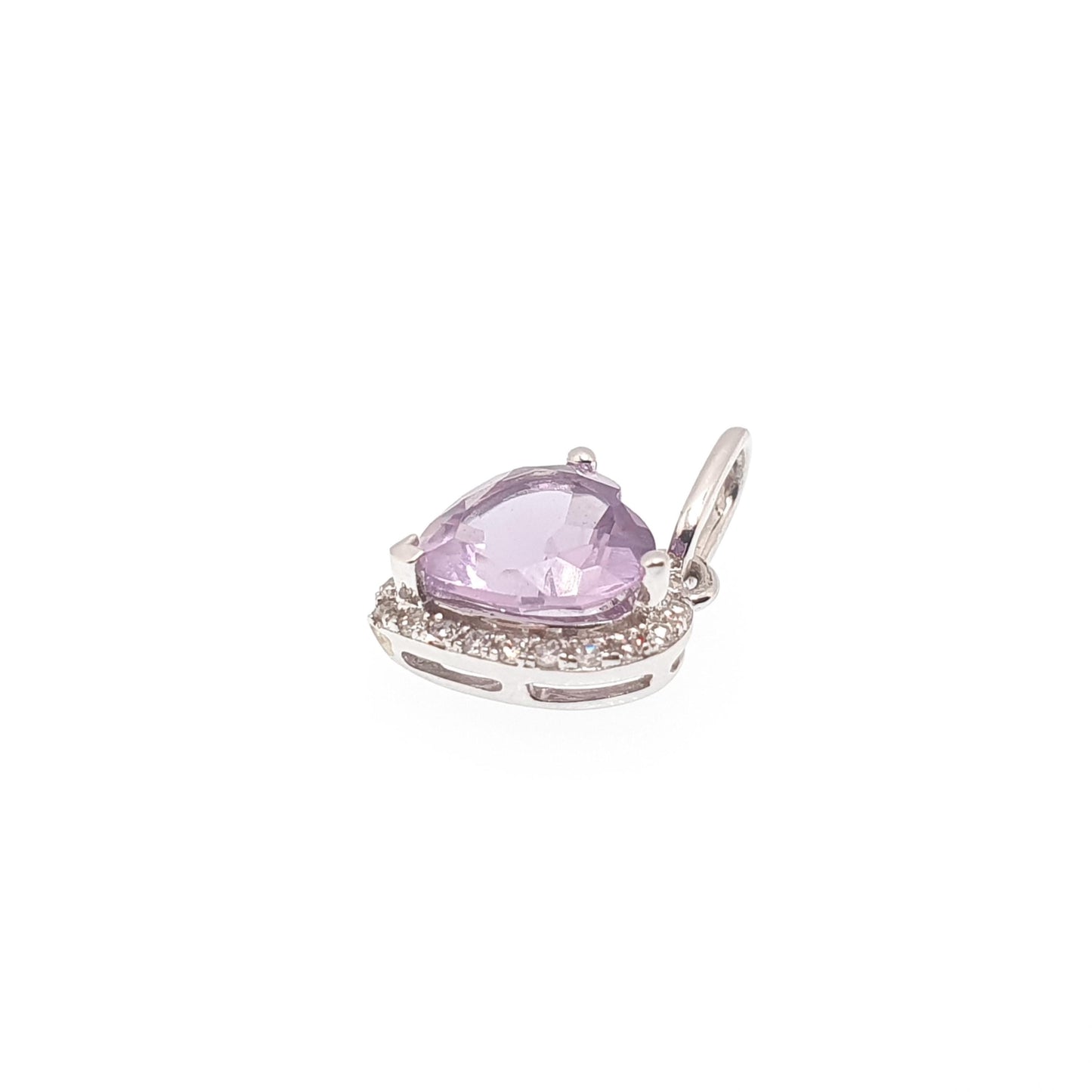 Vintage 9ct 9k White Gold Amethyst Heart Pendant Diamond Border Necklace Cute Small Petite Tiny Solid 375 Gemstone Womens Jewellery Jewelry