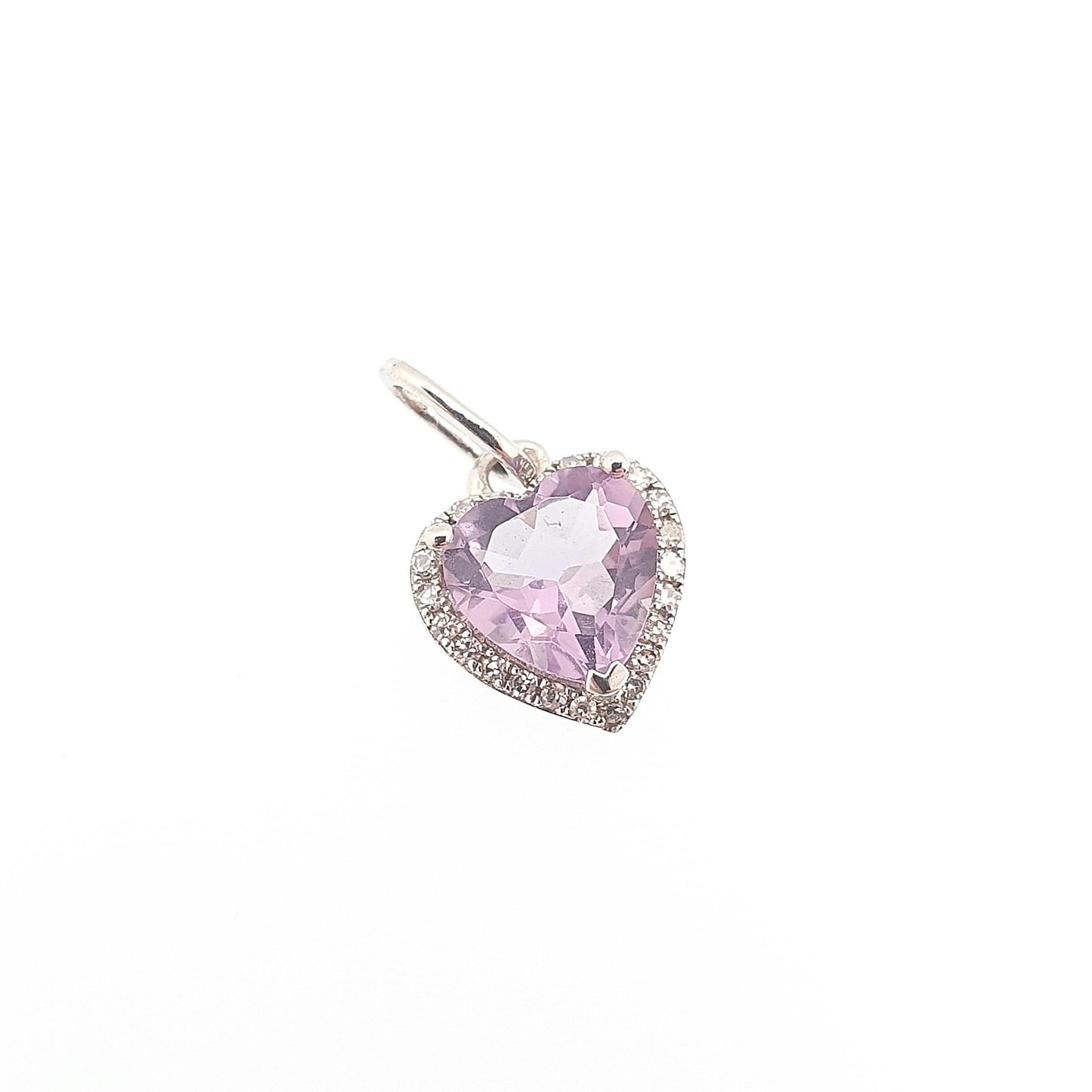 Vintage 9ct 9k White Gold Amethyst Heart Pendant Diamond Border Necklace Cute Small Petite Tiny Solid 375 Gemstone Womens Jewellery Jewelry