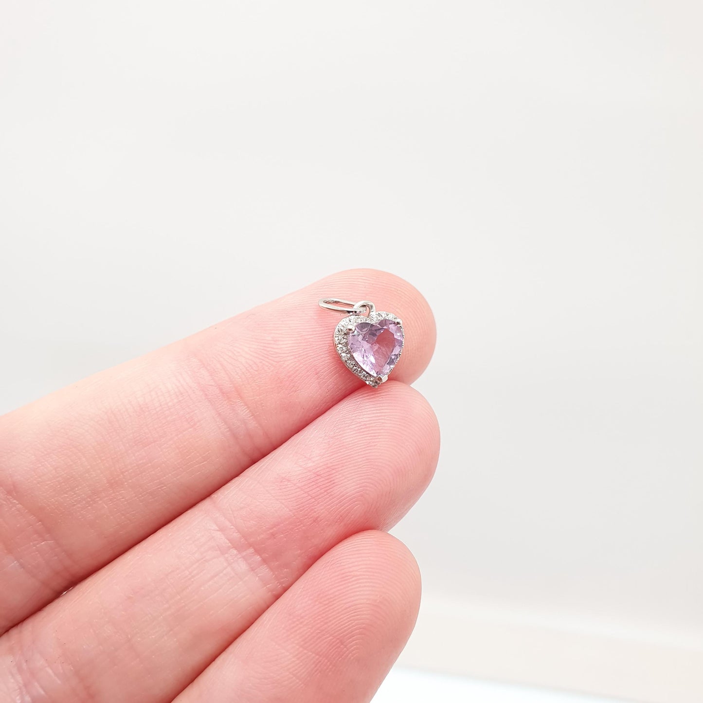 Vintage 9ct 9k White Gold Amethyst Heart Pendant Diamond Border Necklace Cute Small Petite Tiny Solid 375 Gemstone Womens Jewellery Jewelry