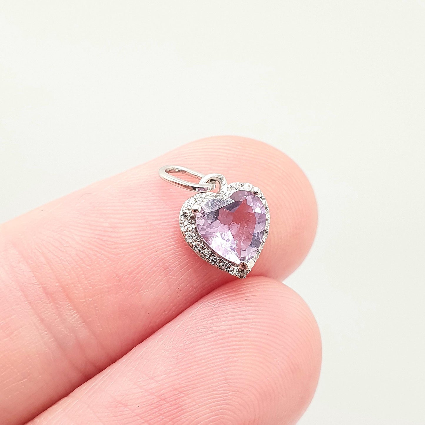 Vintage 9ct 9k White Gold Amethyst Heart Pendant Diamond Border Necklace Cute Small Petite Tiny Solid 375 Gemstone Womens Jewellery Jewelry