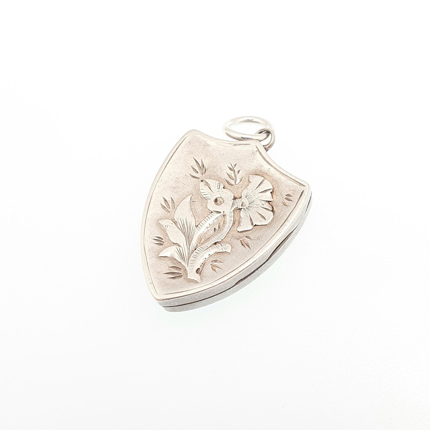 Antique Sterling Silver Shield Locket Necklace 1887 Hallmarked Pendant Victorian Flower Floral Vintage Womens Ladies Jewelry Jewellery