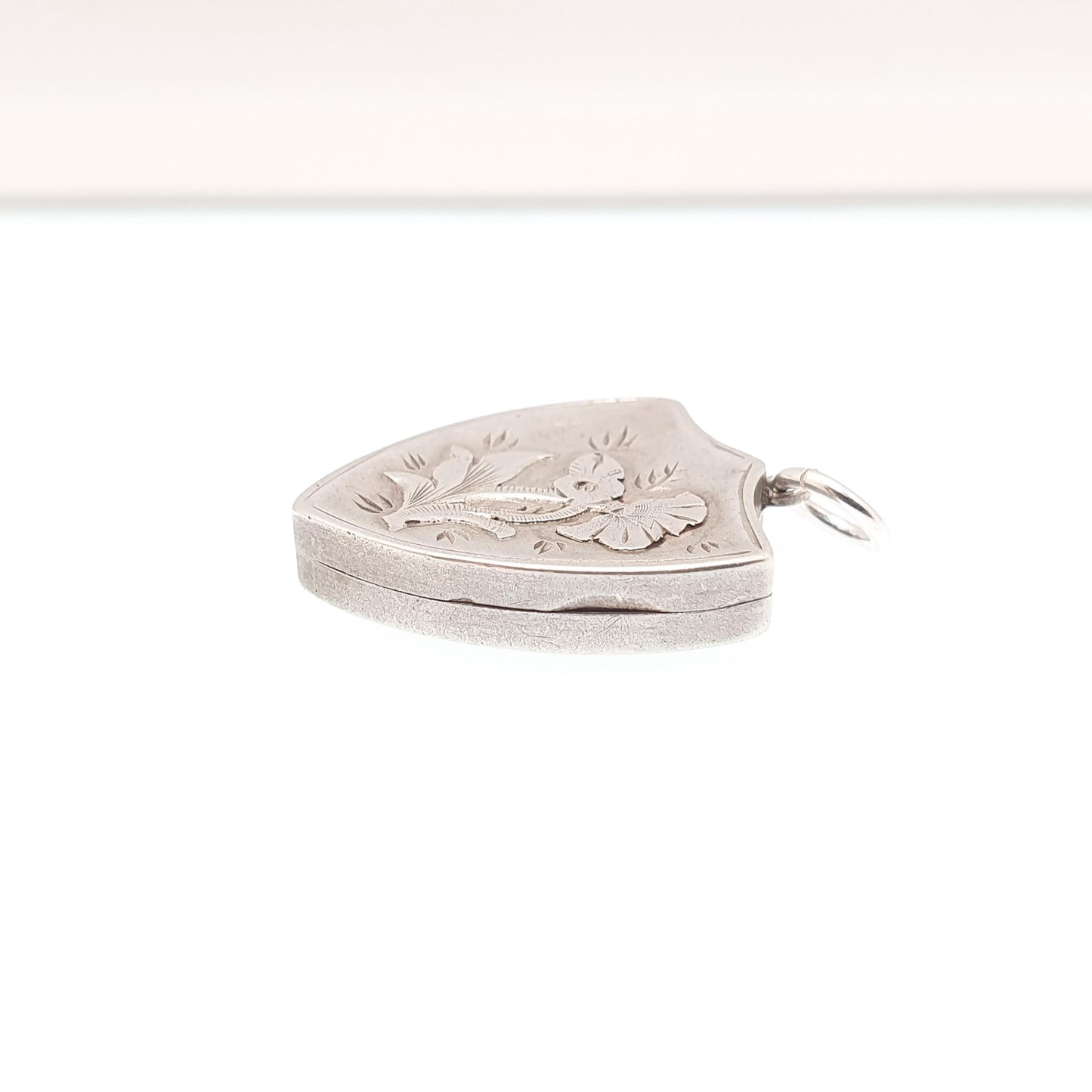 Antique Sterling Silver Shield Locket Necklace 1887 Hallmarked Pendant Victorian Flower Floral Vintage Womens Ladies Jewelry Jewellery