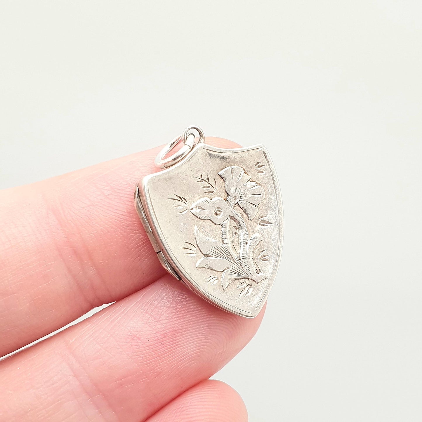 Antique Sterling Silver Shield Locket Necklace 1887 Hallmarked Pendant Victorian Flower Floral Vintage Womens Ladies Jewelry Jewellery