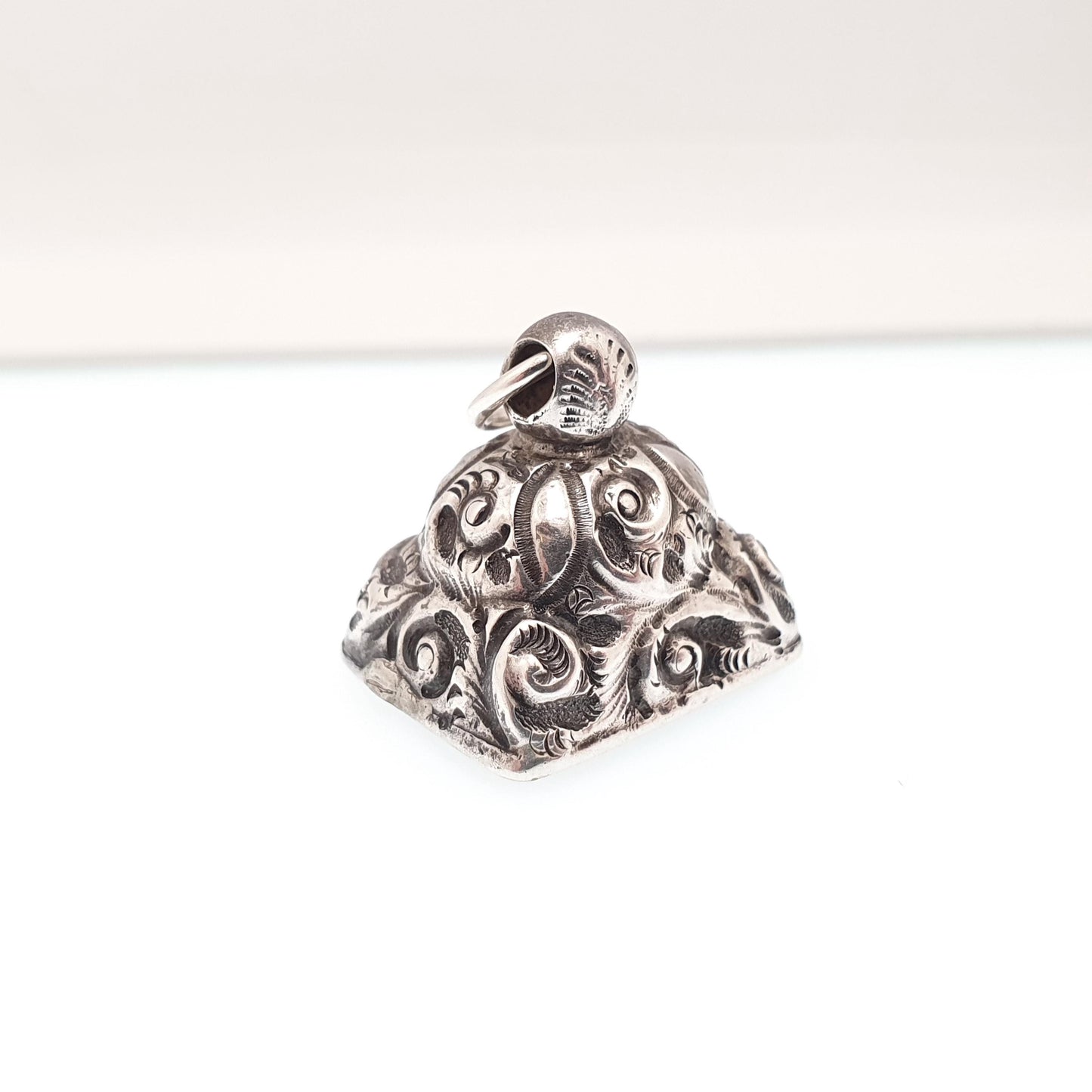 Antique Sterling Silver Seal Fob Pendant Necklace White Chalcedony 1903 Hallmark Gemstone Chunky Chased Vintage Womans Jewellery Jewelry