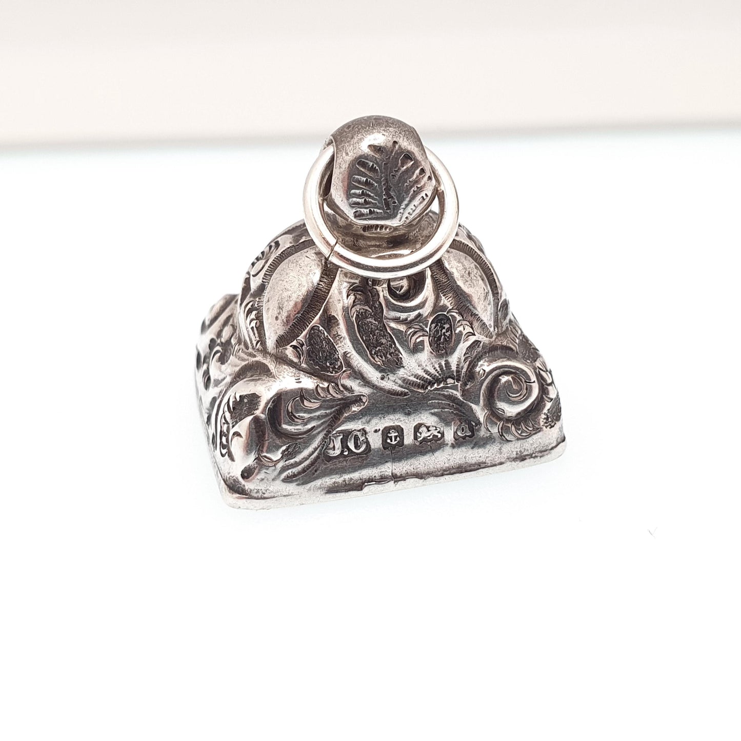 Antique Sterling Silver Seal Fob Pendant Necklace White Chalcedony 1903 Hallmark Gemstone Chunky Chased Vintage Womans Jewellery Jewelry