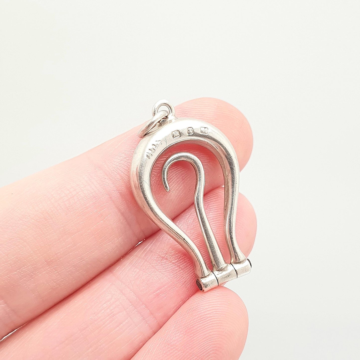 Antique Sterling Silver Button Hook Pendant Lyre Shape Necklace Folding Victorian Buttons 1899 Hallmark Sewing Vintage Jewelry Jewellery