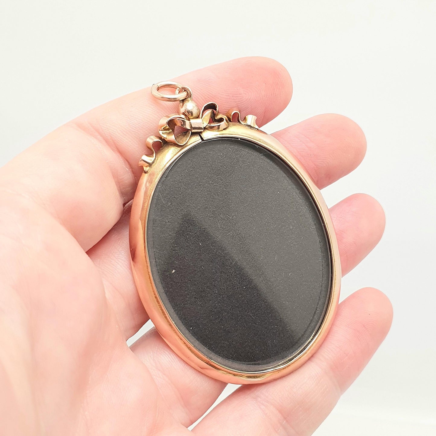 Antique 9ct 375 Gold Locket Pendant Very Large Big Bow Top Necklace Double Sided Huge Photo Picture Solid 9k Vintage Oval Jewelry Jewellery