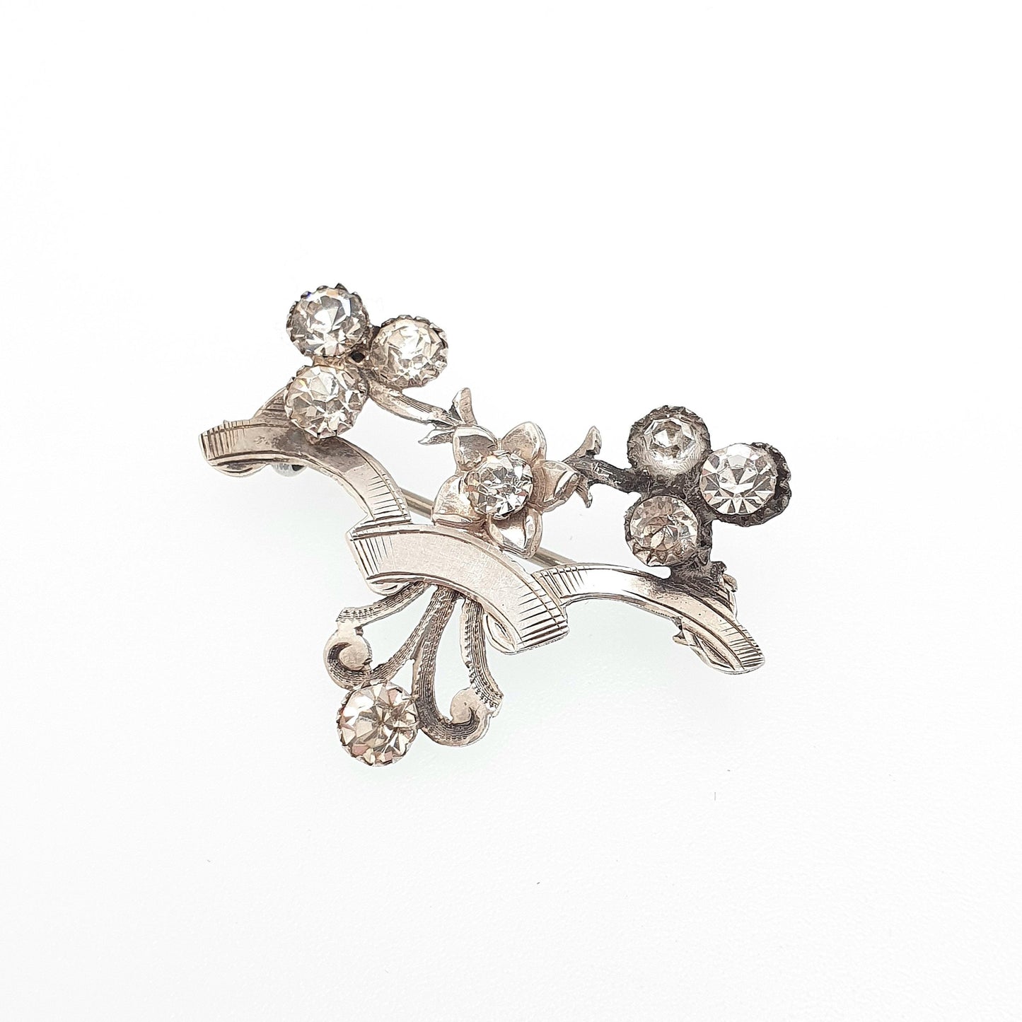 Antique Victorian Solid Silver Diamond Paste Brooch Art Nouveau Pin Scroll Old Cut Solid Backed 1800s Sparkly Vintage Jewellery Jewelry