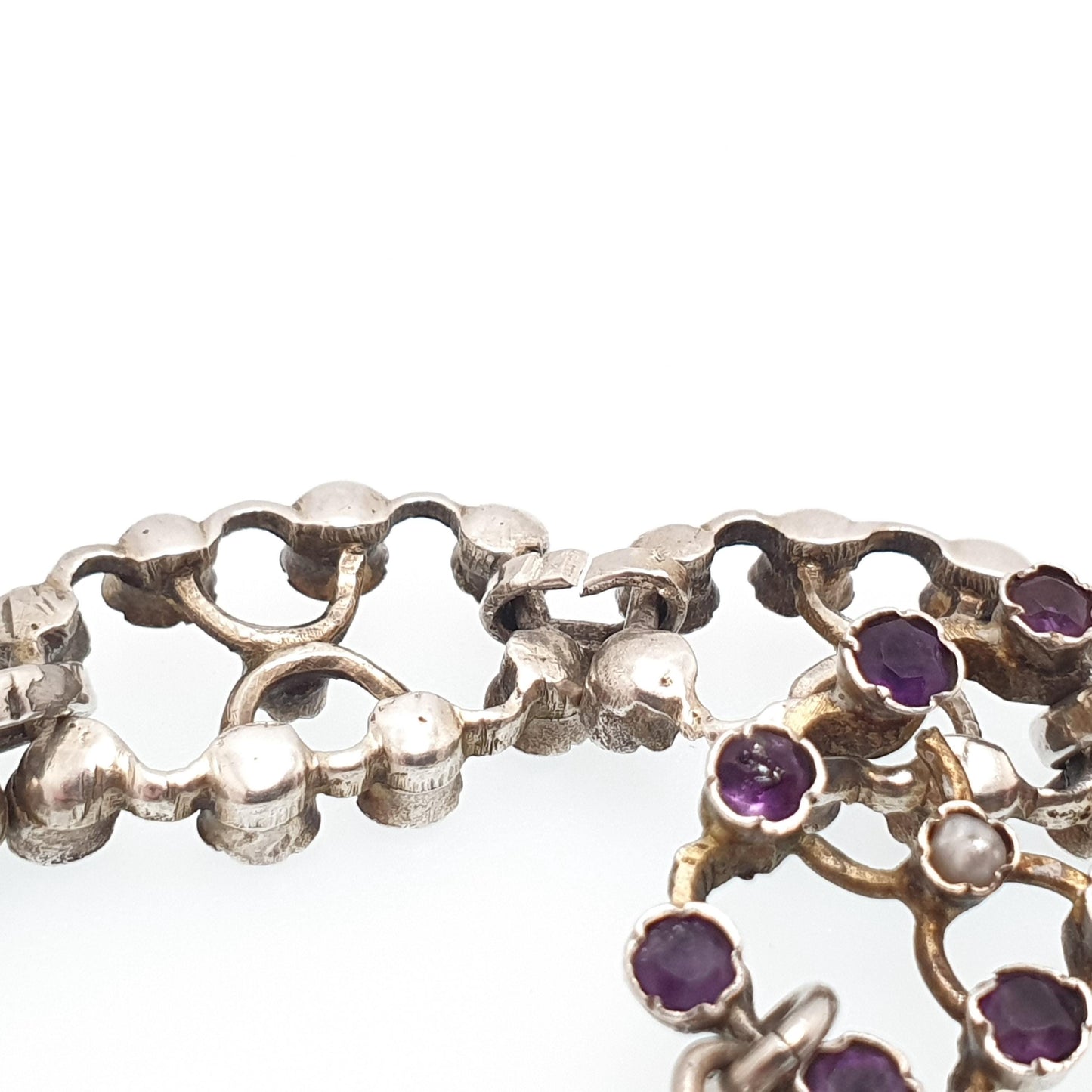 Antique Victorian Solid Silver Amethyst Bracelet Seed Pearl Links Natural Gemstone Fine Quartz Estate 1800s Vintage Womens Jewelry Jewellery