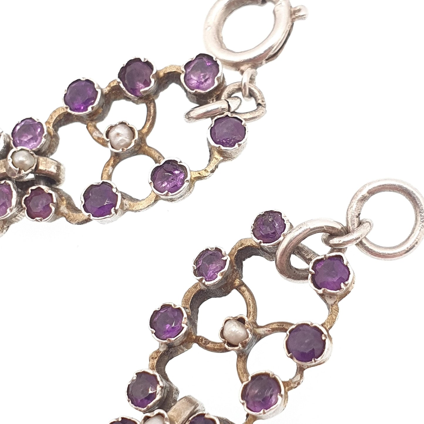 Antique Victorian Solid Silver Amethyst Bracelet Seed Pearl Links Natural Gemstone Fine Quartz Estate 1800s Vintage Womens Jewelry Jewellery