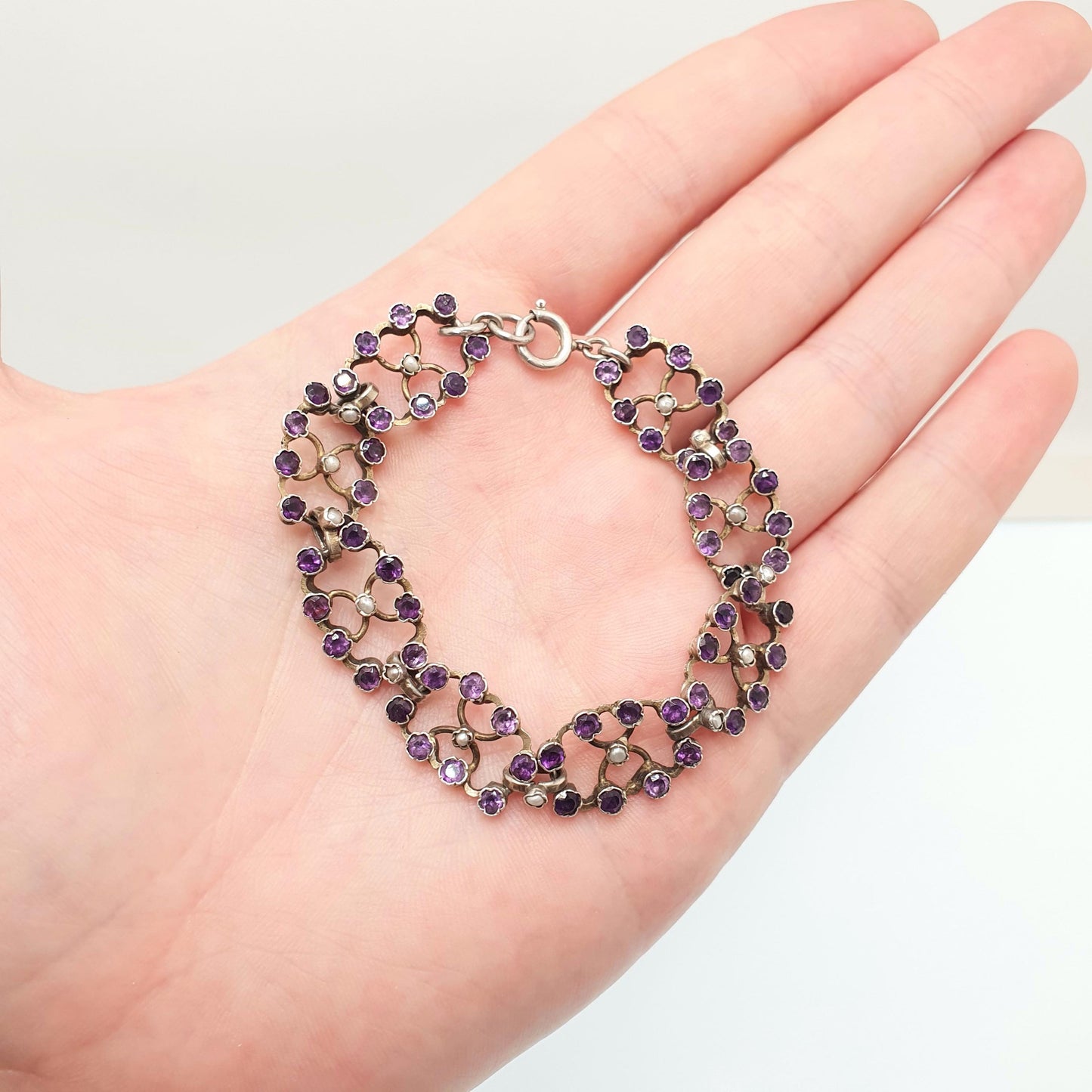 Antique Victorian Solid Silver Amethyst Bracelet Seed Pearl Links Natural Gemstone Fine Quartz Estate 1800s Vintage Womens Jewelry Jewellery