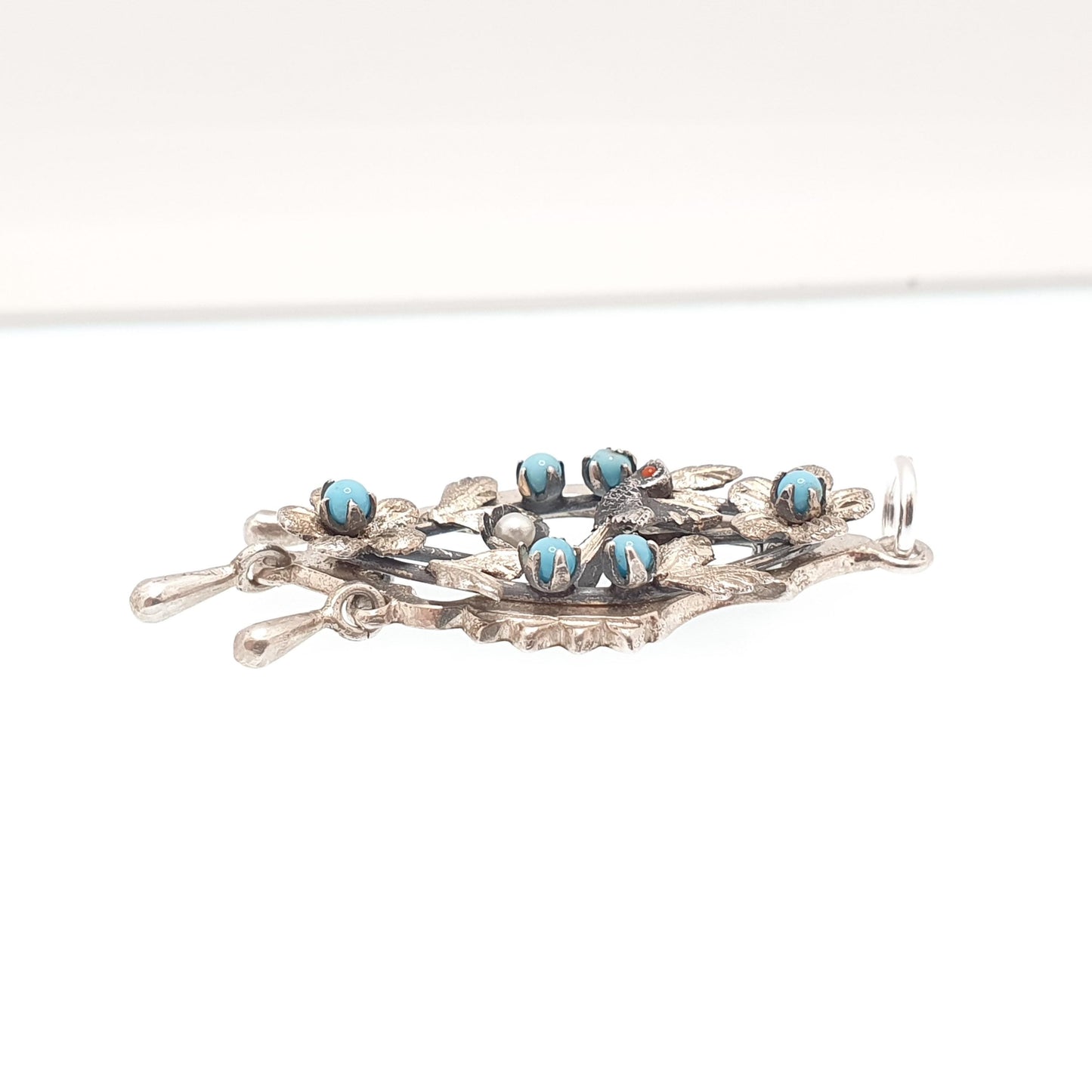 Antique Sterling Silver Bird Pendant Necklace Faux Turquoise Seed Pearl Songbird Sweetheart Tassel 925 Vintage Womens Jewellery Jewelry