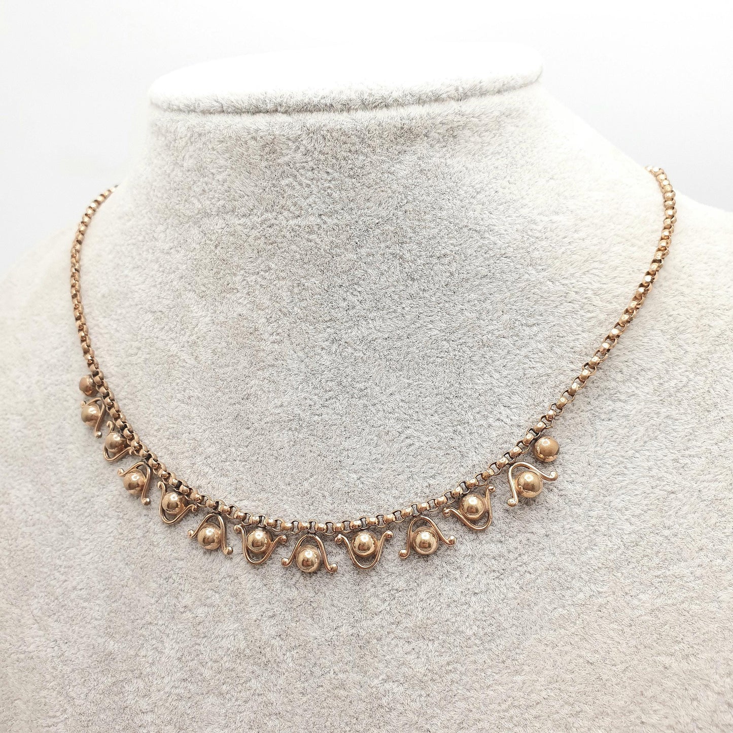 Antique Victorian Rolled Gold Necklace Festoon Style Bead and Wave 41cm 16.1" 9.31g Collar 1800s Old Vintage Womens Jewelry Jewellery