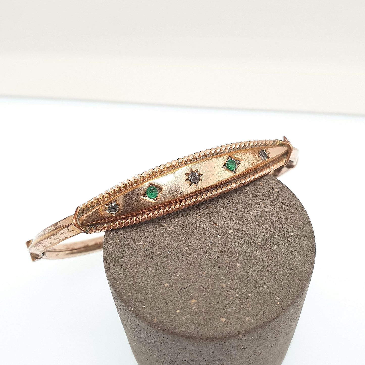 Antique Victorian Rolled Gold Emerald Paste Bangle Snap Bracelet Gold Filled Rare Unique 1800s Ornate Womens Vintage Jewelry Jewellery