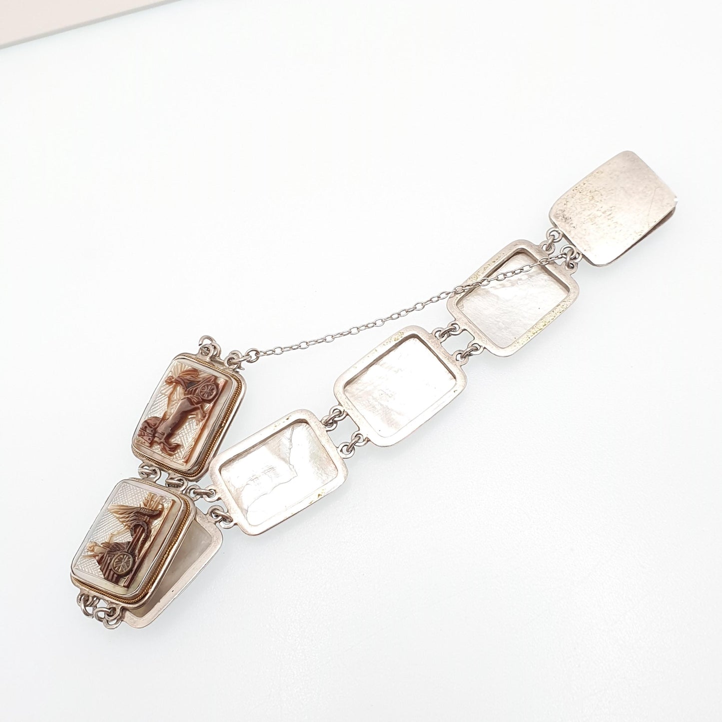 Antique Cameo Solid Silver Bracelet Flying Chariot Rectangular Vintage 1920s Abalone Shell Hand Carved Womens Italian Jewelry Jewellery