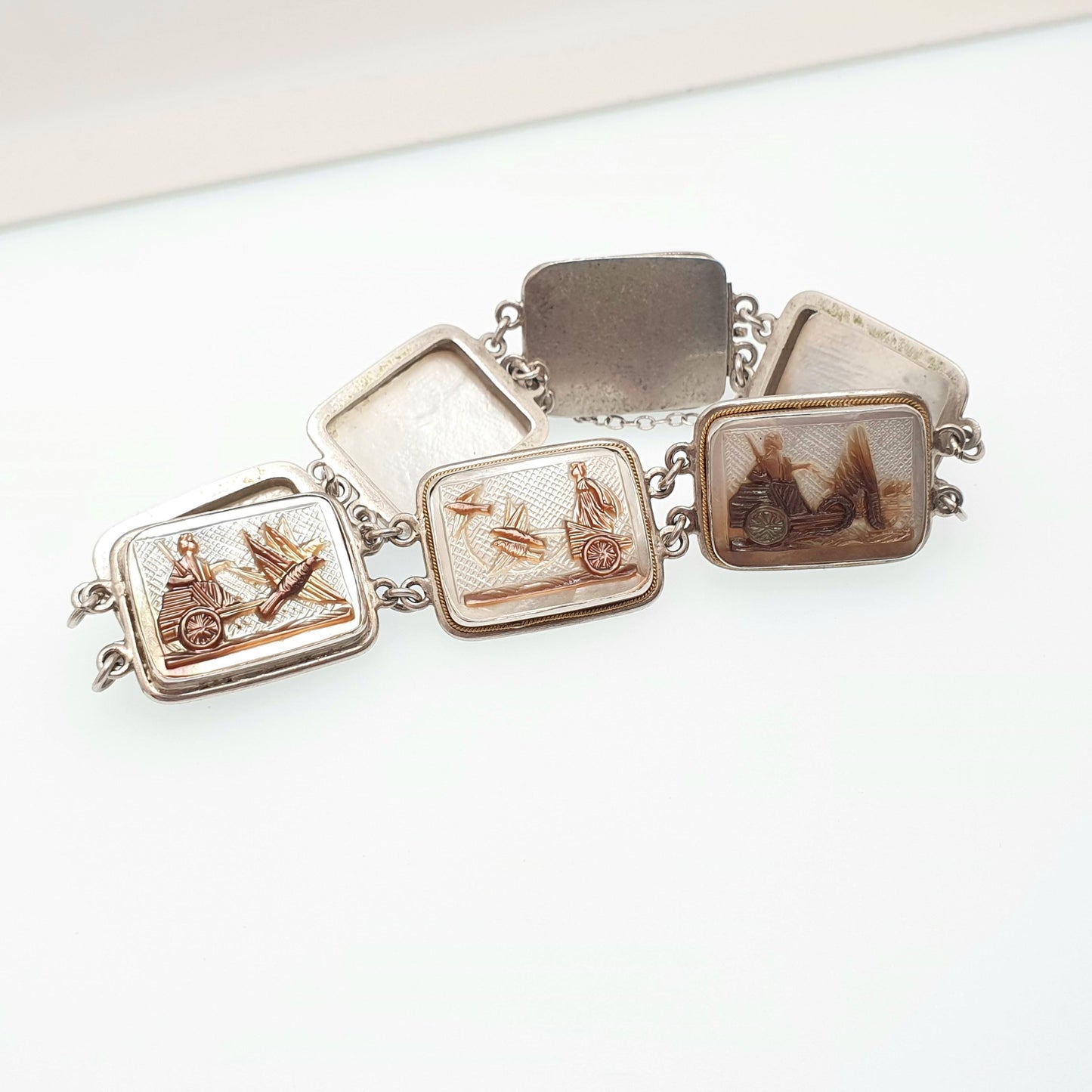 Antique Cameo Solid Silver Bracelet Flying Chariot Rectangular Vintage 1920s Abalone Shell Hand Carved Womens Italian Jewelry Jewellery