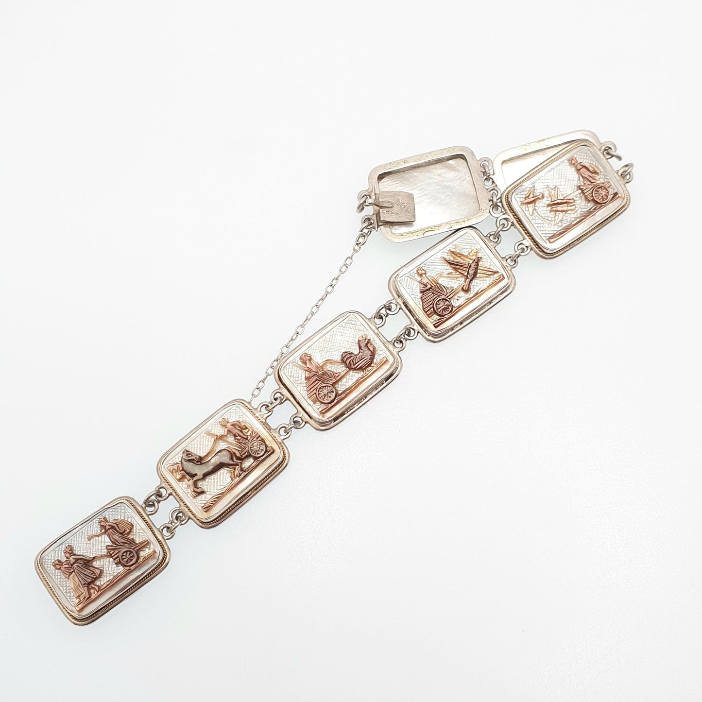 Antique Cameo Solid Silver Bracelet Flying Chariot Rectangular Vintage 1920s Abalone Shell Hand Carved Womens Italian Jewelry Jewellery