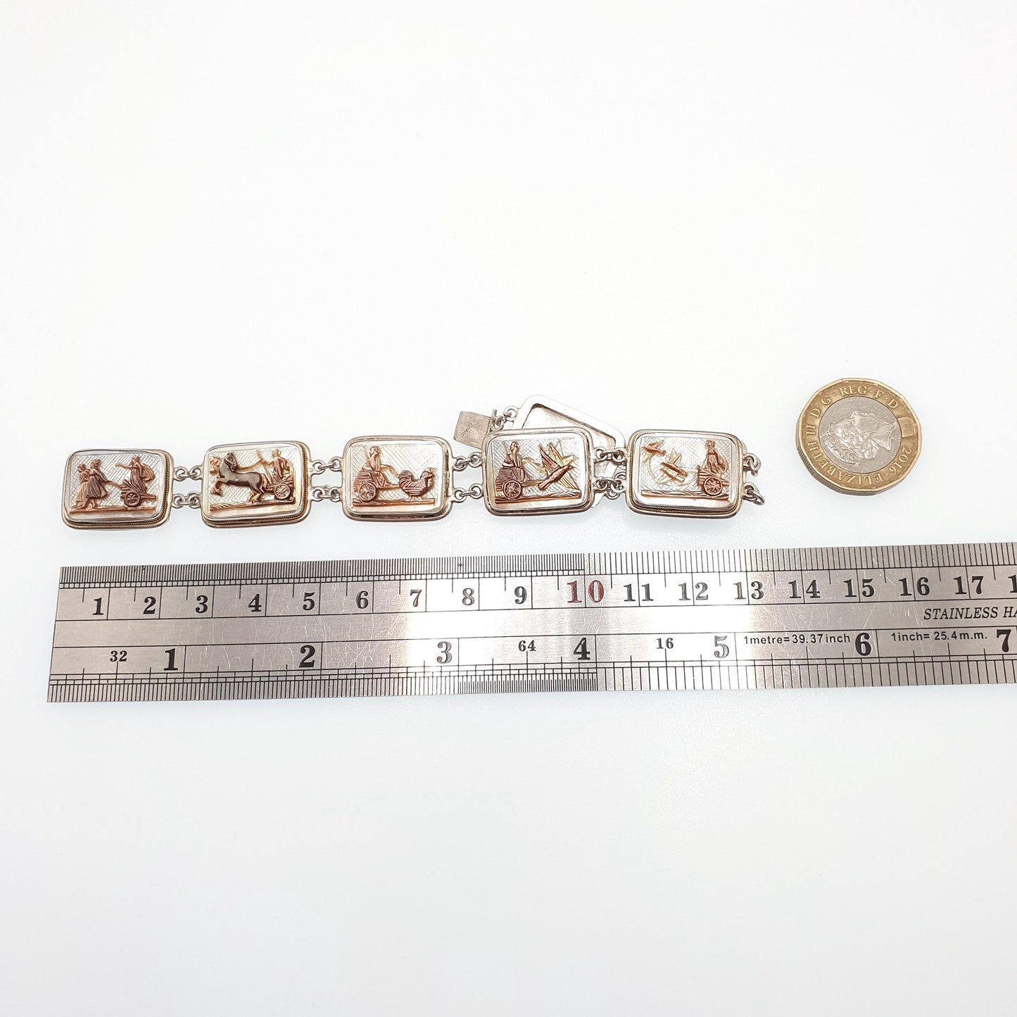 Antique Cameo Solid Silver Bracelet Flying Chariot Rectangular Vintage 1920s Abalone Shell Hand Carved Womens Italian Jewelry Jewellery