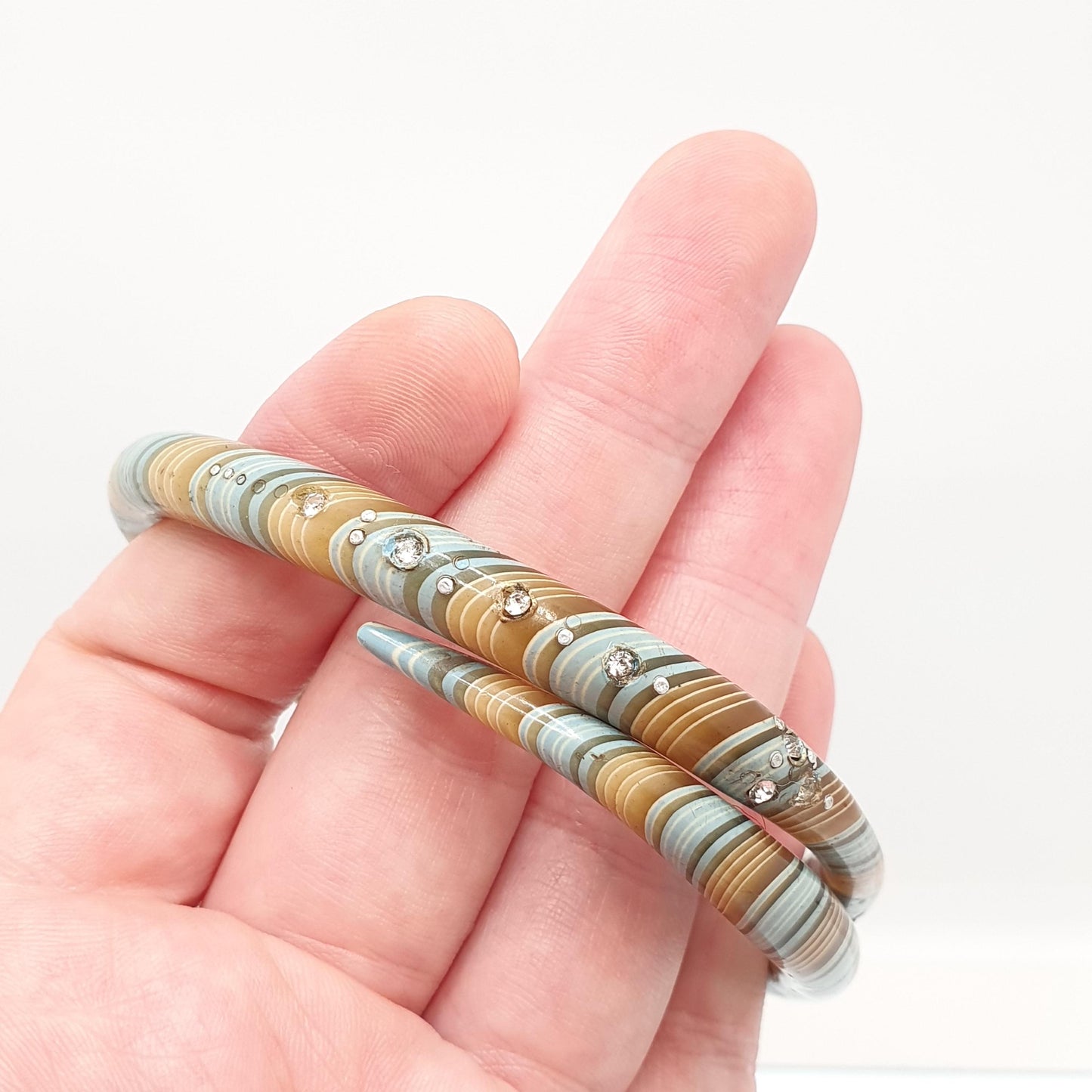 Antique Snake Slave Bangle Bracelet Art Deco Spiral Early Plastic Diamond Paste Green Blue Murano Style Serpent Vintage Jewellery Jewelry