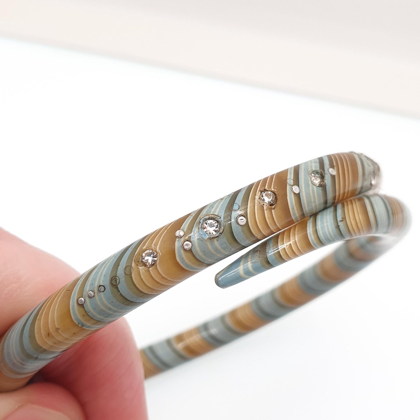Antique Snake Slave Bangle Bracelet Art Deco Spiral Early Plastic Diamond Paste Green Blue Murano Style Serpent Vintage Jewellery Jewelry